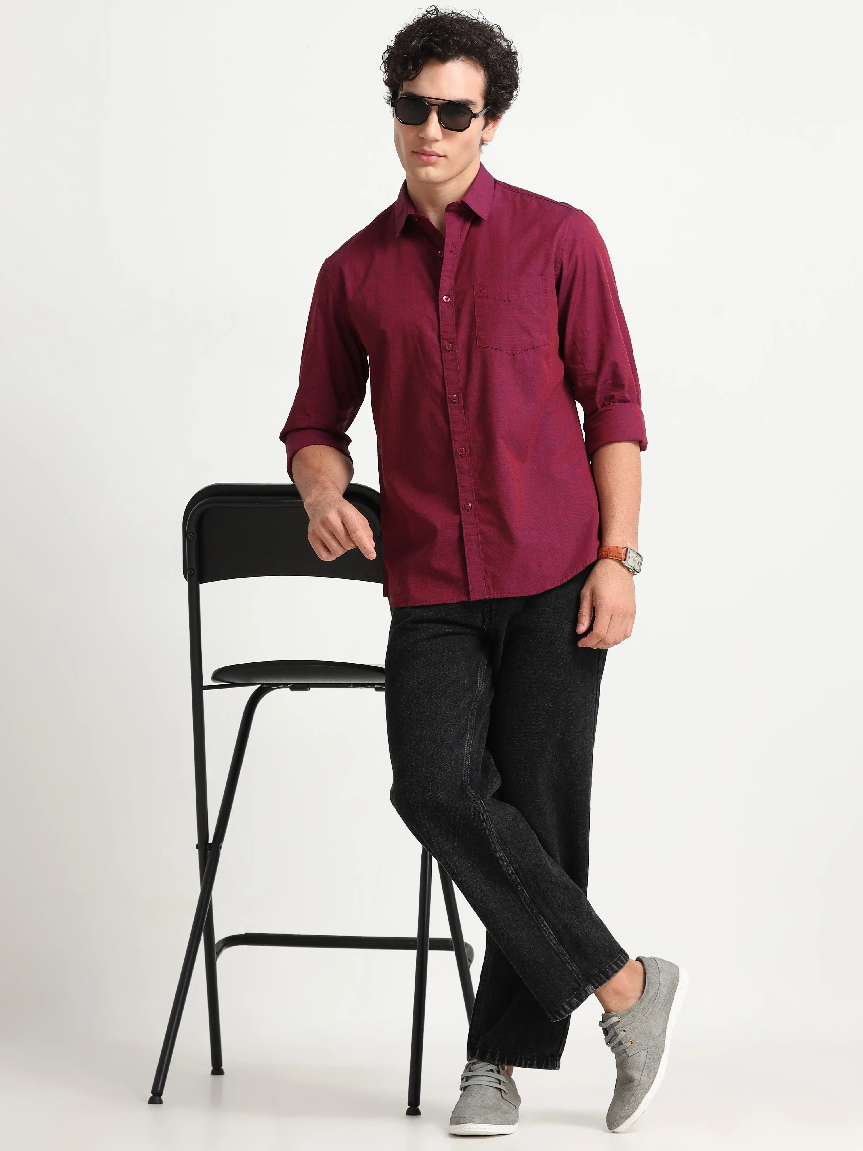 MEN'S CHERRY RED SOLID SLIM FIT SHIRT