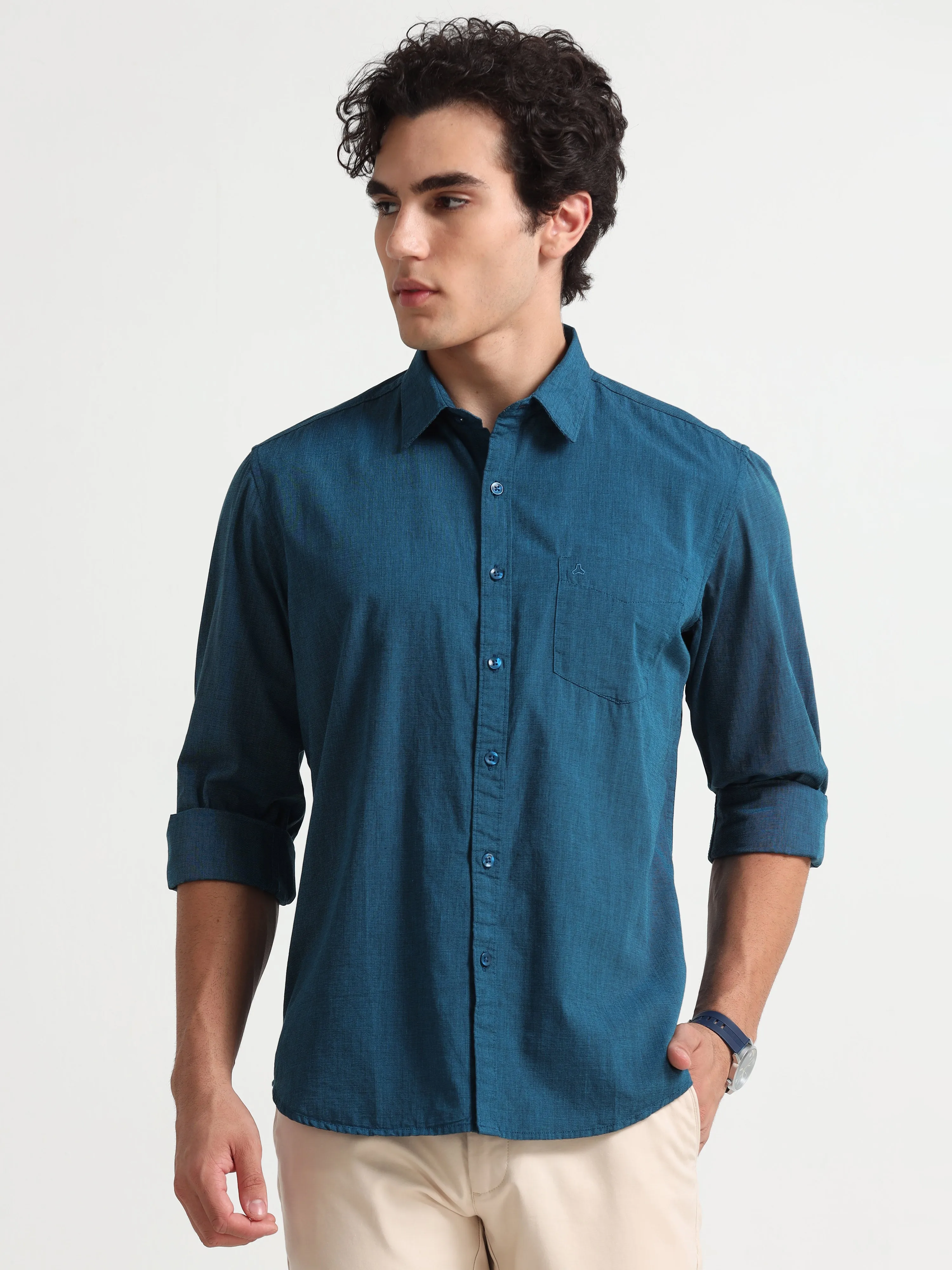 MEN'S COBALT BLUE  SOLID SLIM FIT SHIRT