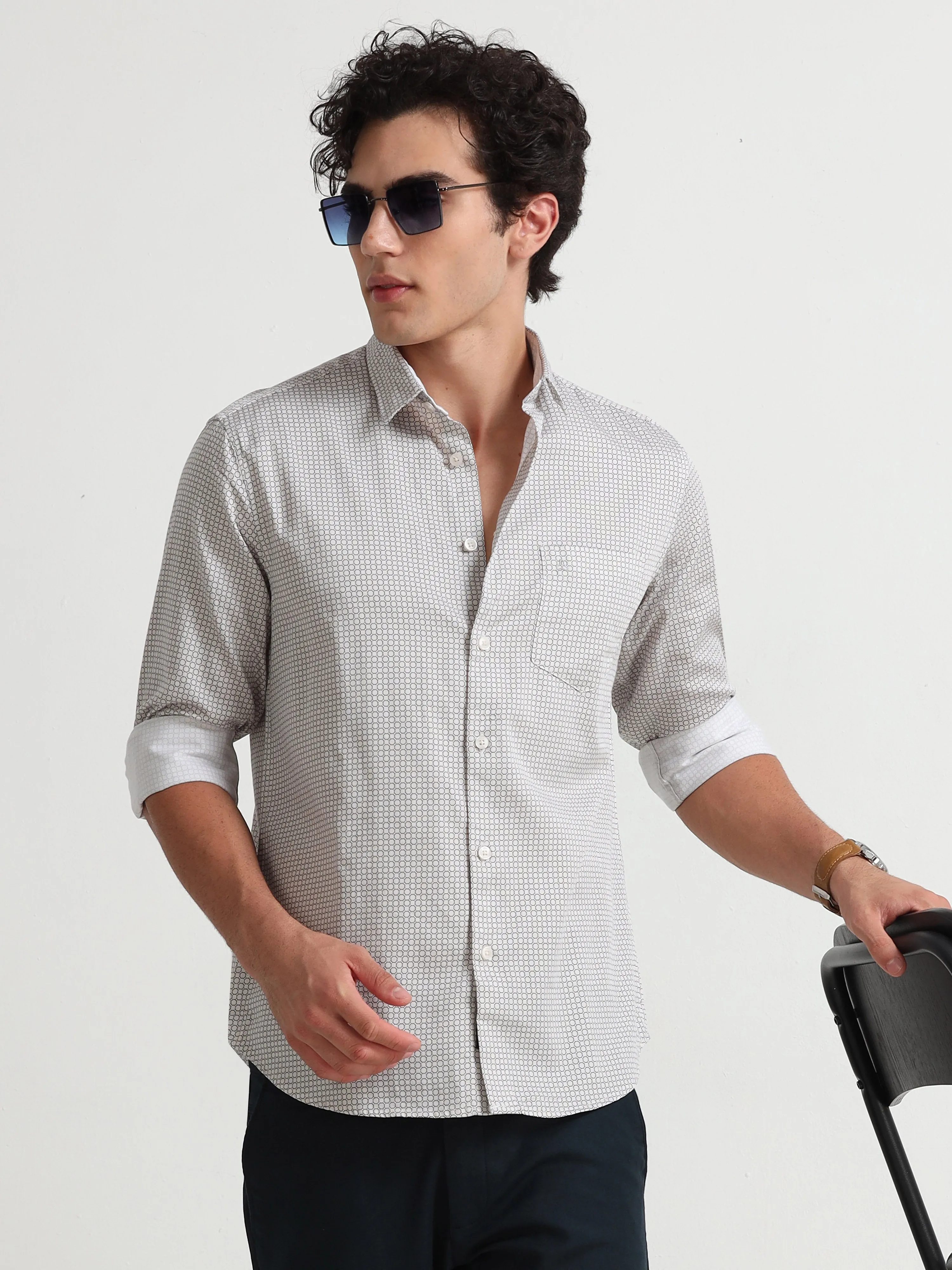 MEN'S EGGRU WHITE PRINT SLIM FIT SHIRT