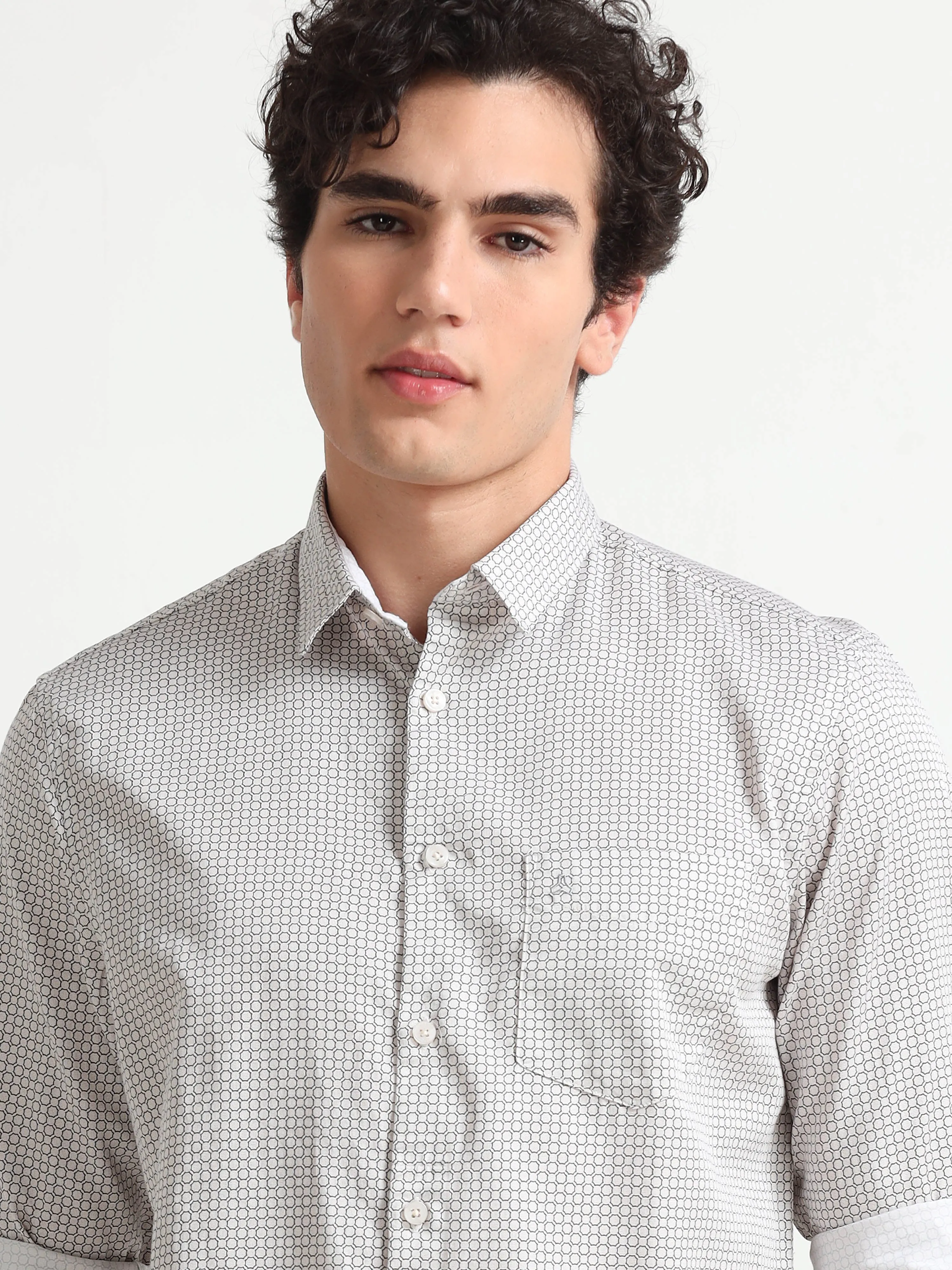 MEN'S EGGRU WHITE PRINT SLIM FIT SHIRT