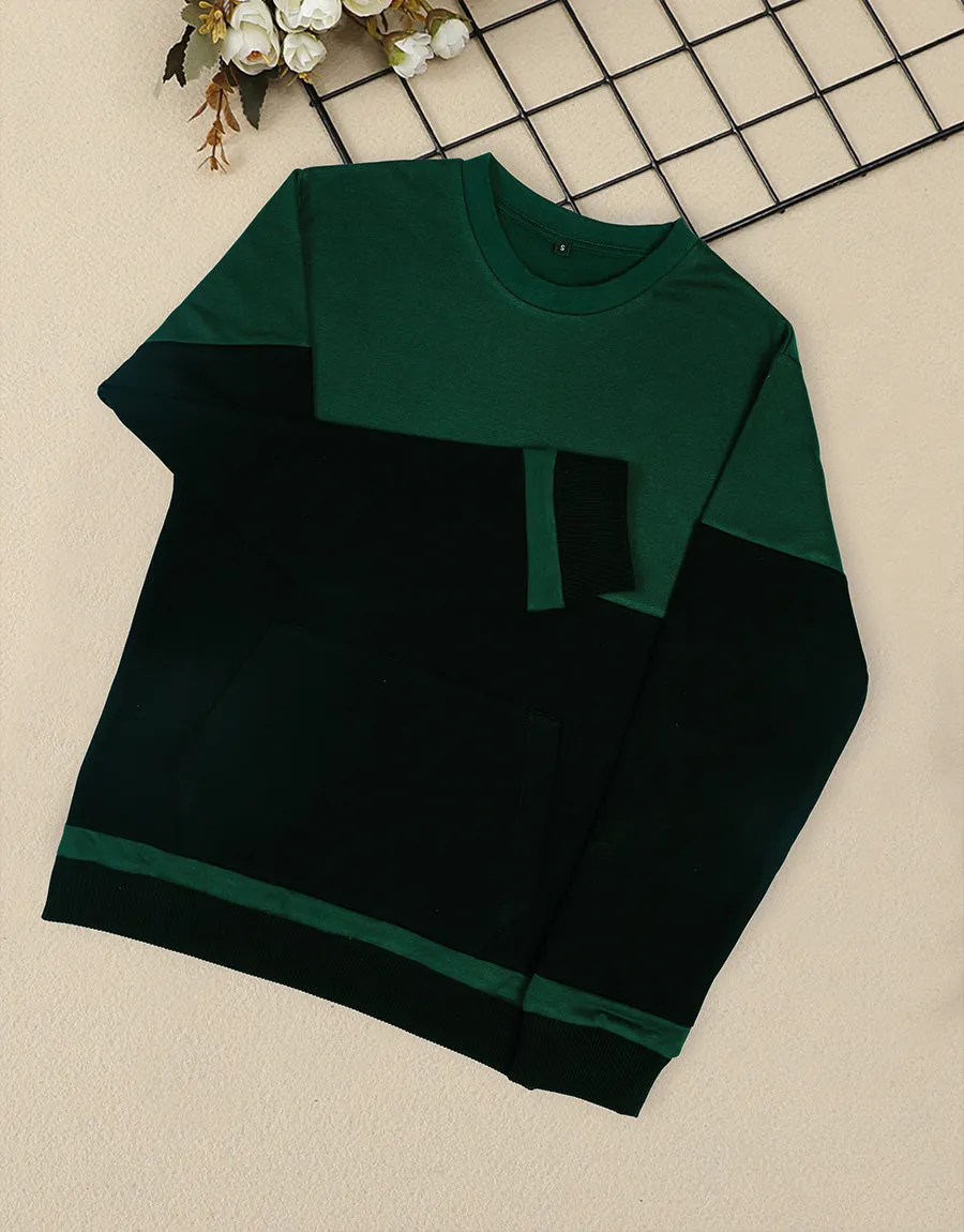 Men's Fleece Round Neck Sweatshirt-Green & Black