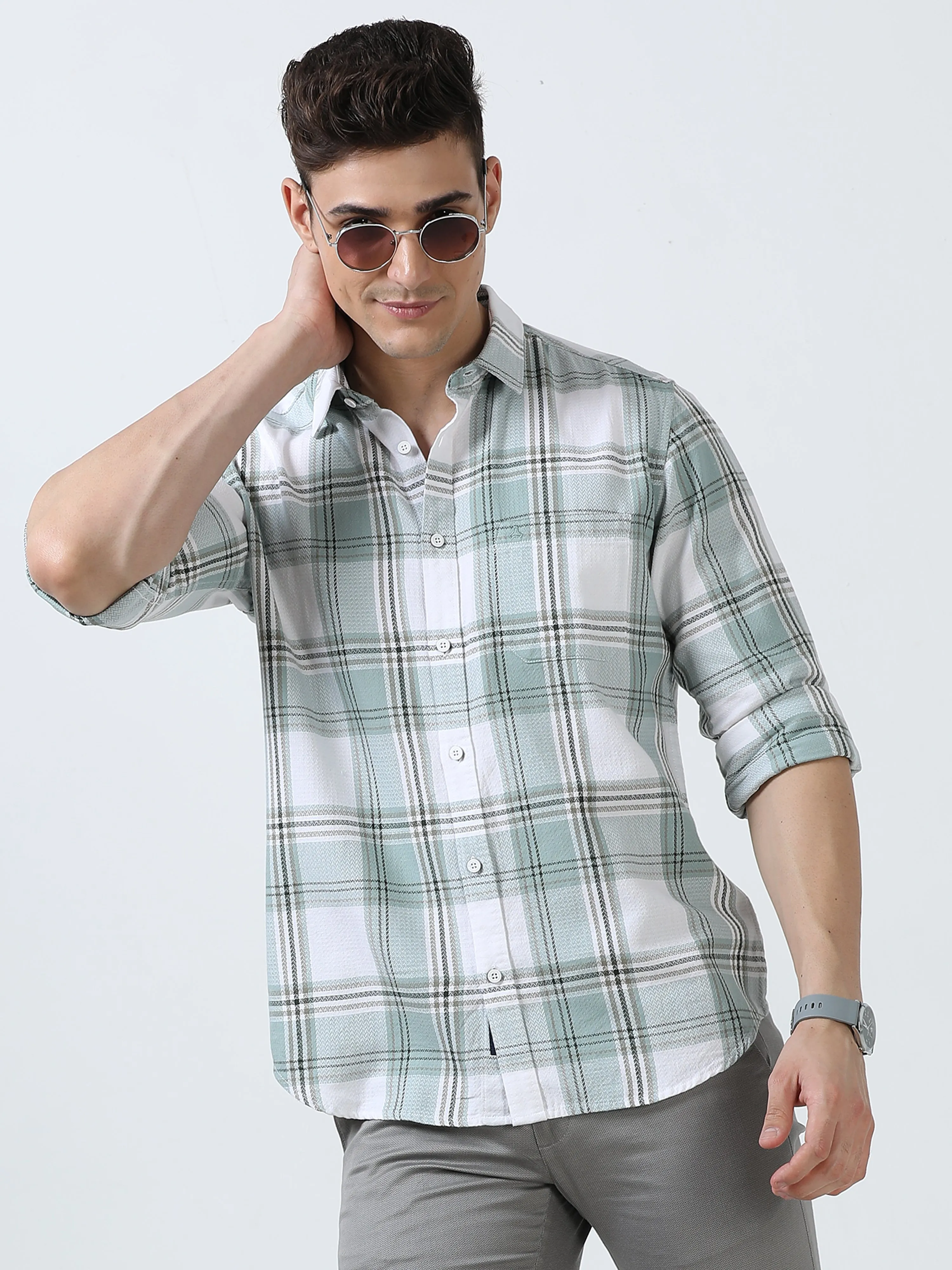 MEN'S GREEN-CHECKS SLIM FIT SHIRT