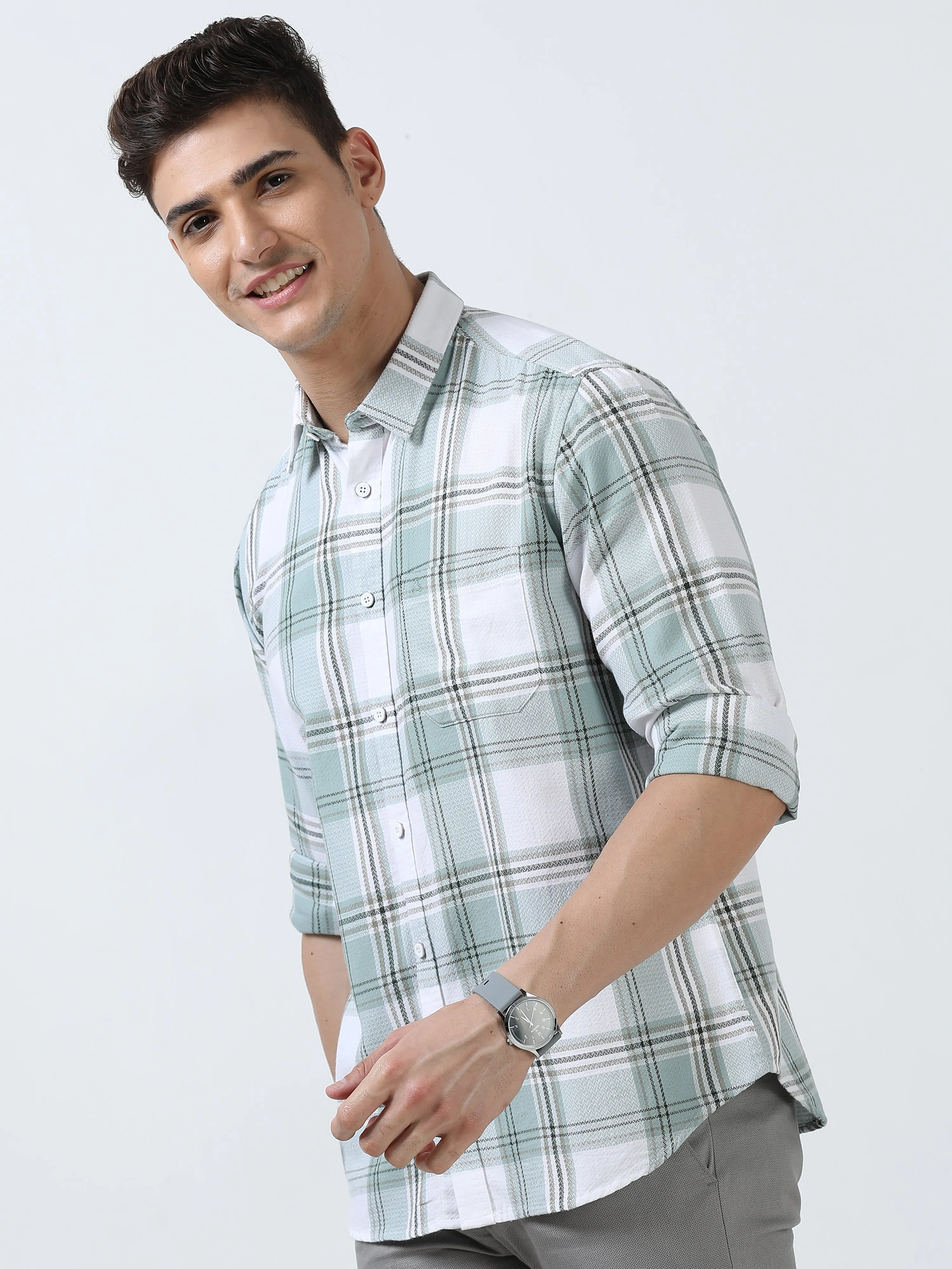 MEN'S GREEN-CHECKS SLIM FIT SHIRT