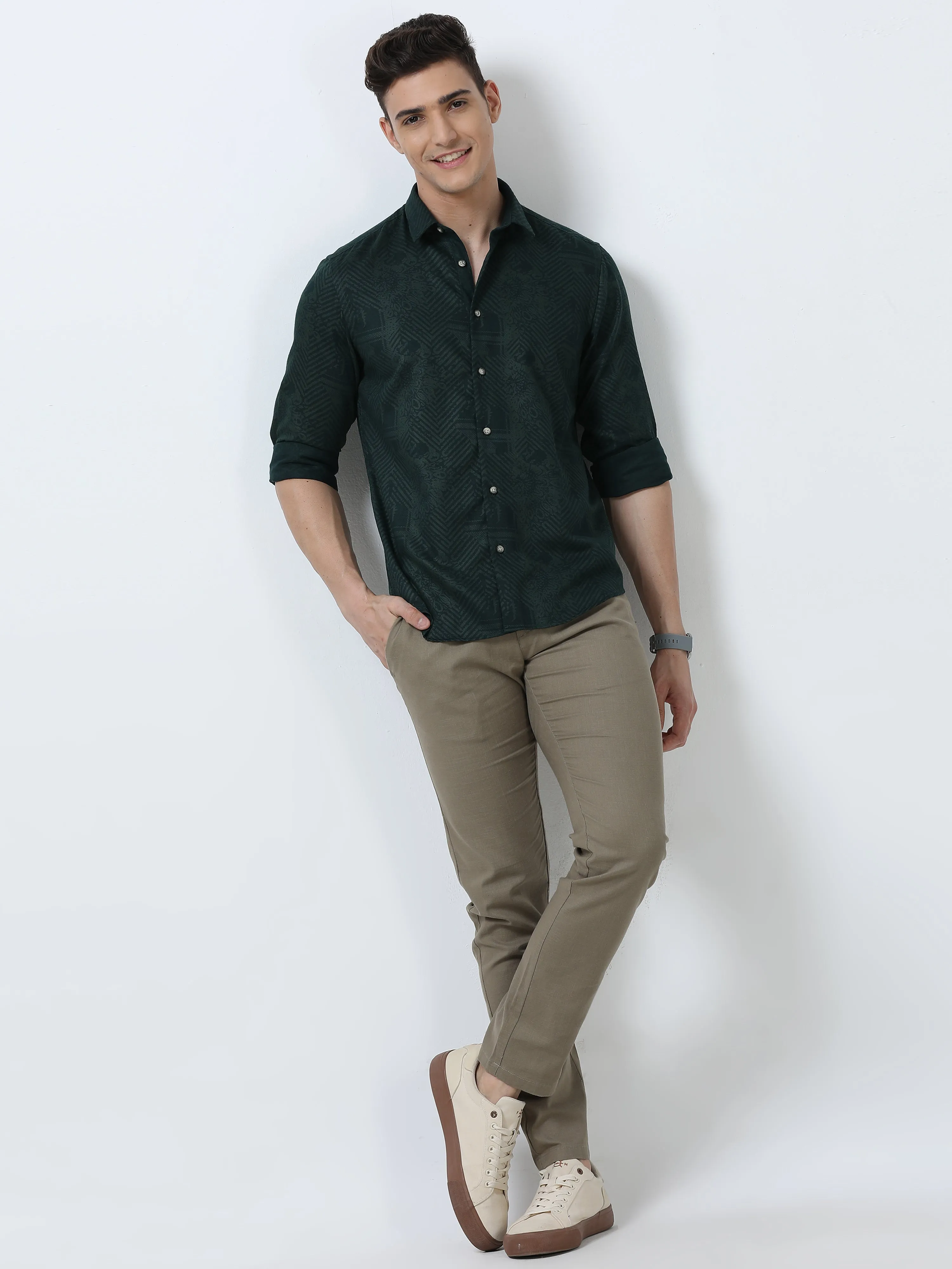 MEN'S GREEN-PRINTED SLIM FIT SHIRT