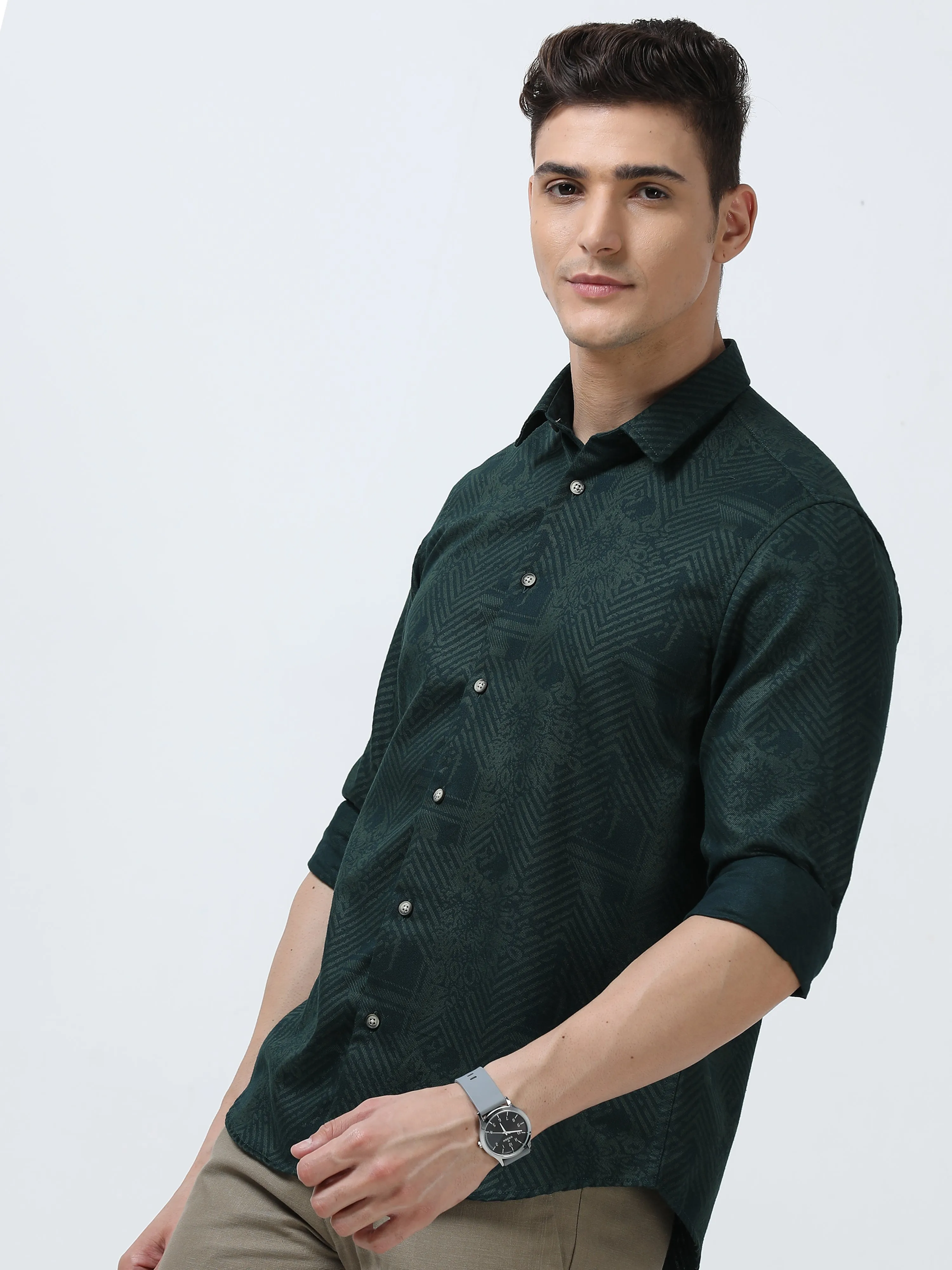 MEN'S GREEN-PRINTED SLIM FIT SHIRT