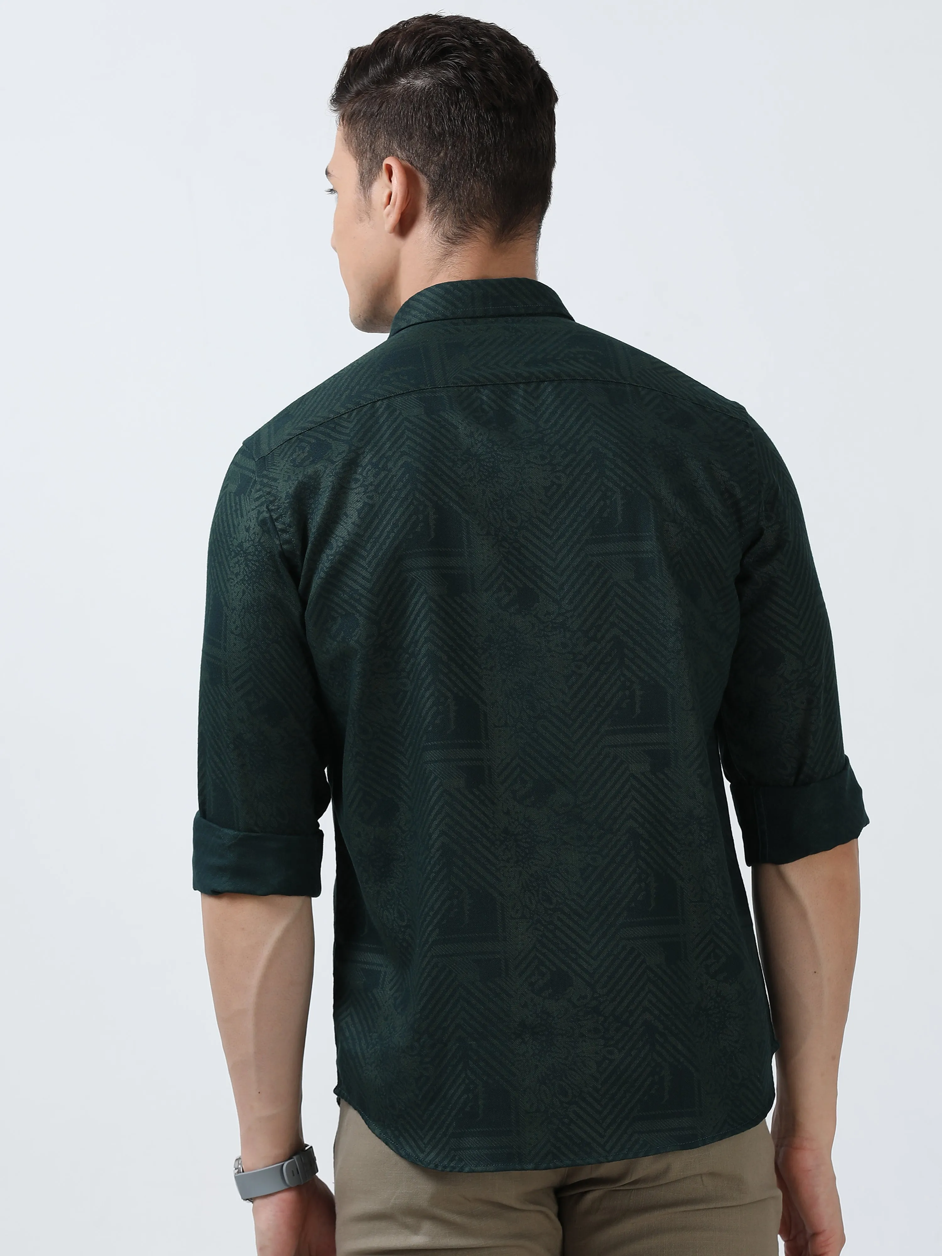 MEN'S GREEN-PRINTED SLIM FIT SHIRT