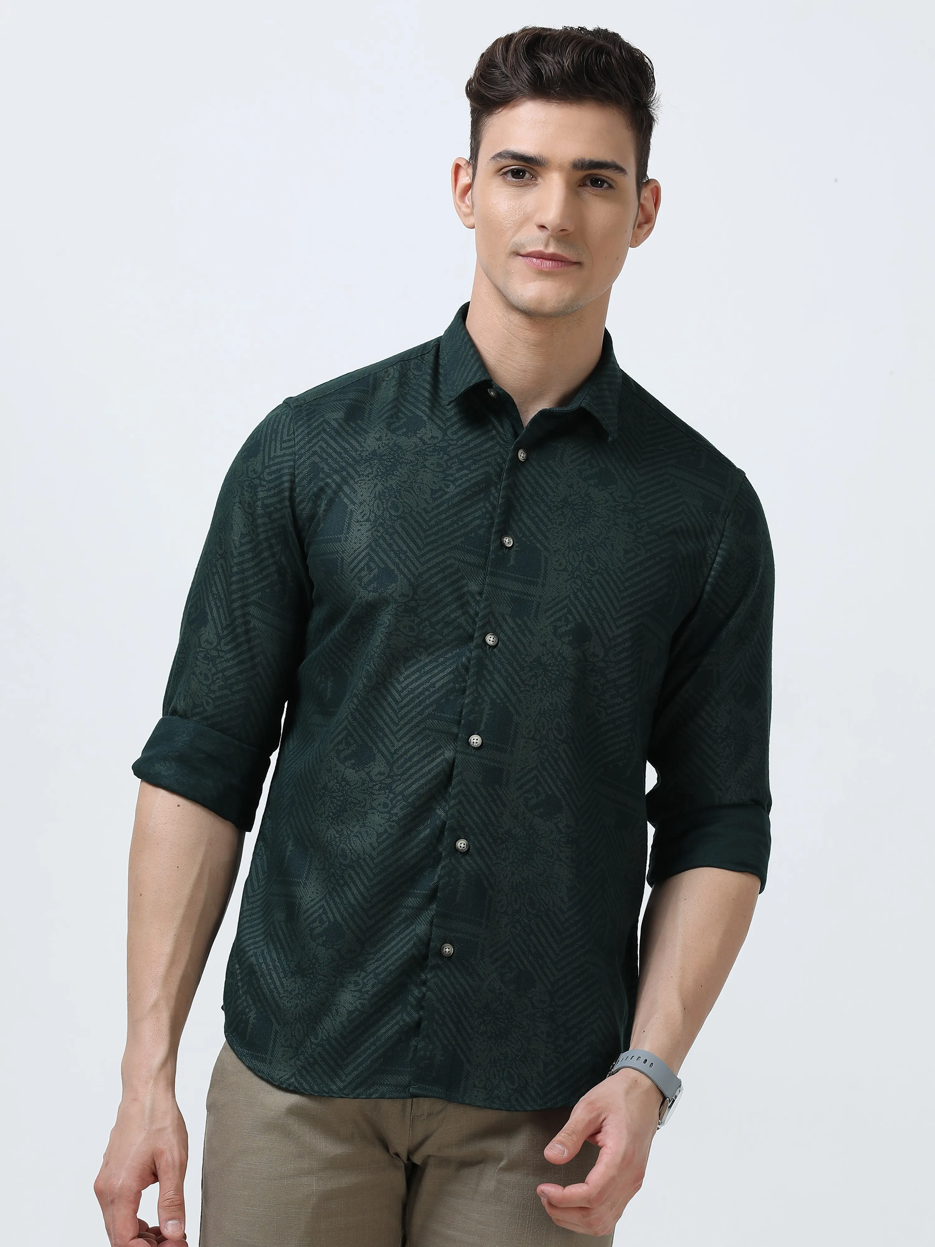 MEN'S GREEN-PRINTED SLIM FIT SHIRT