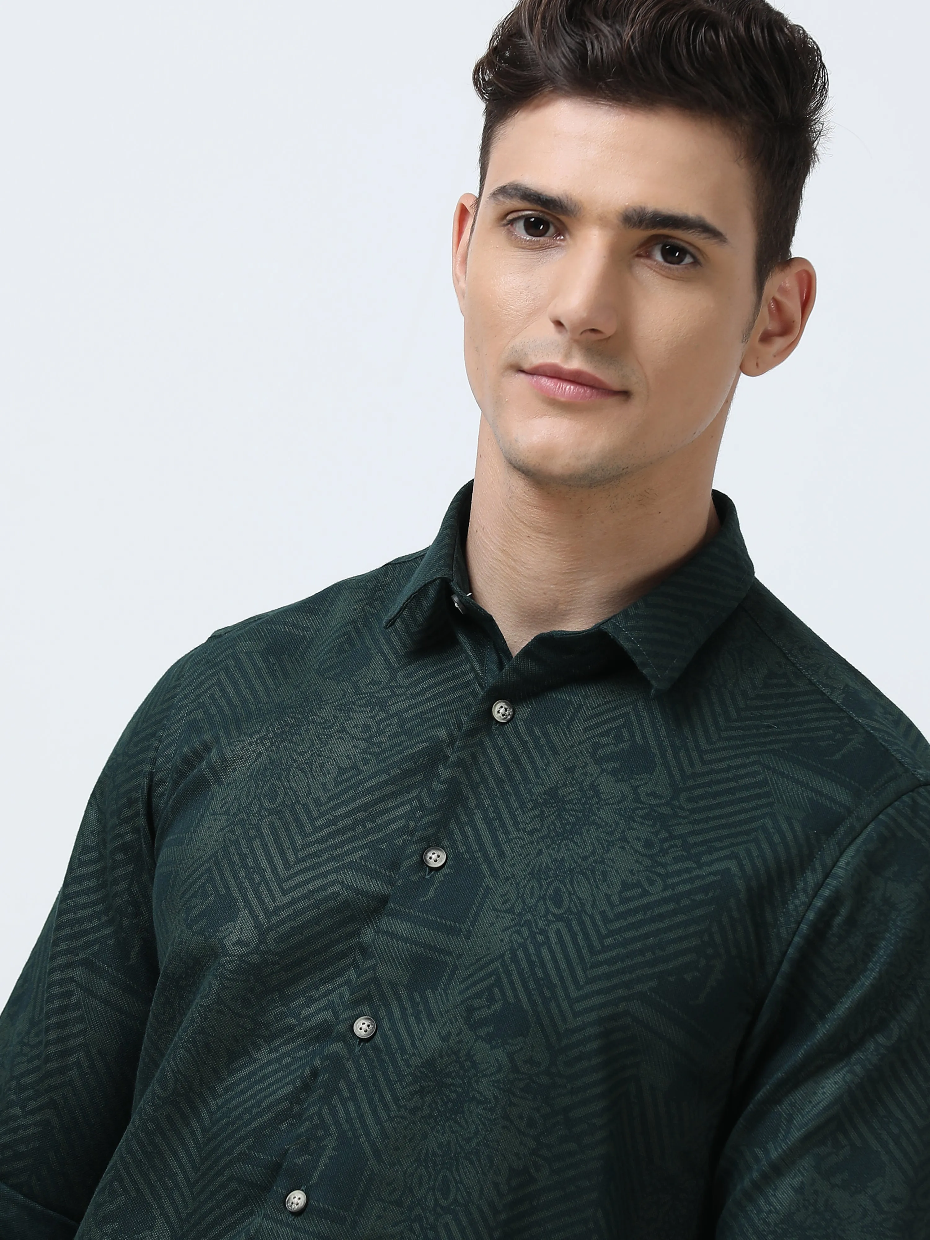 MEN'S GREEN-PRINTED SLIM FIT SHIRT