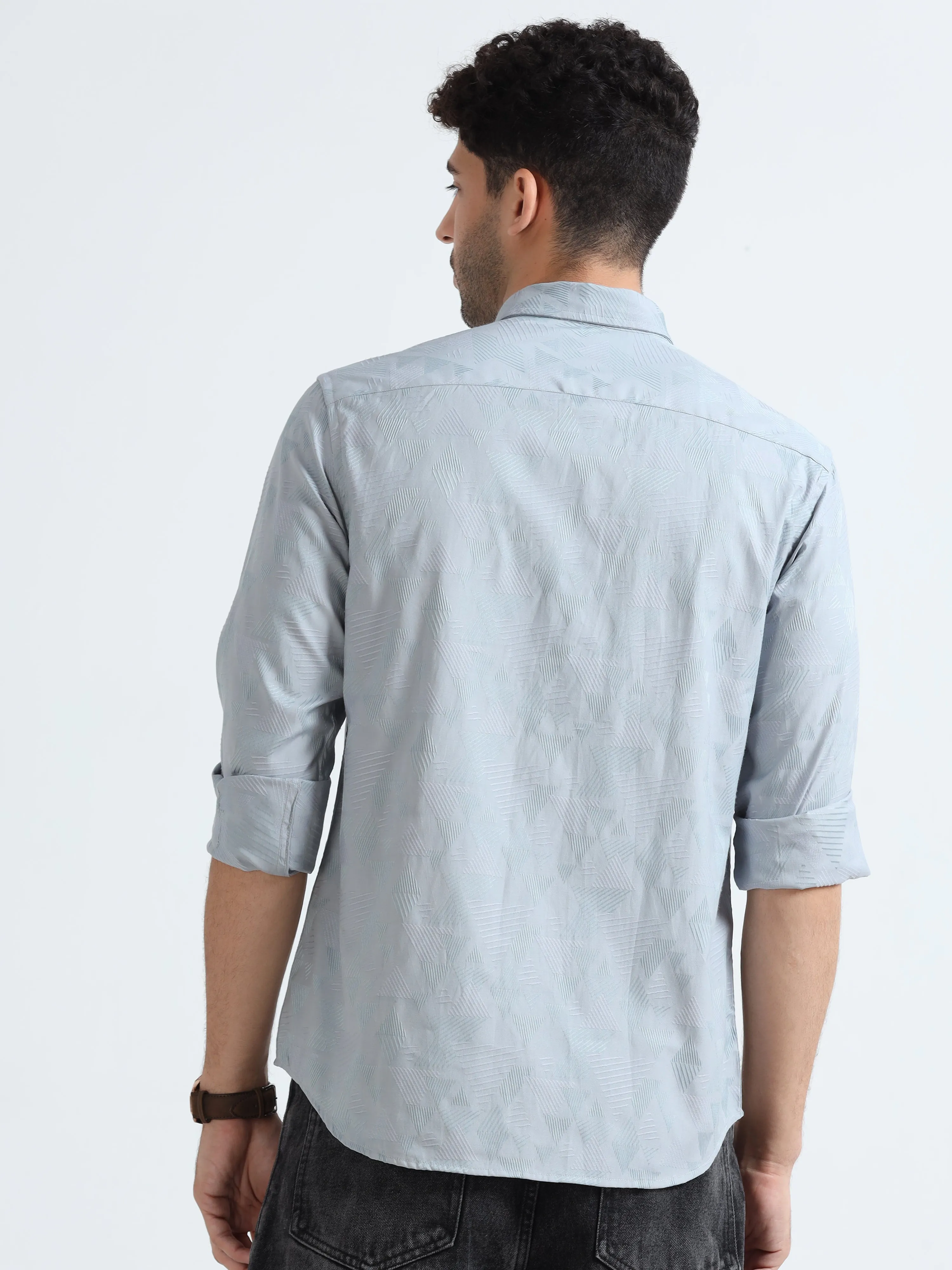 MEN'S GREY JACQUARD  SOLID SLIM FIT SHIRT