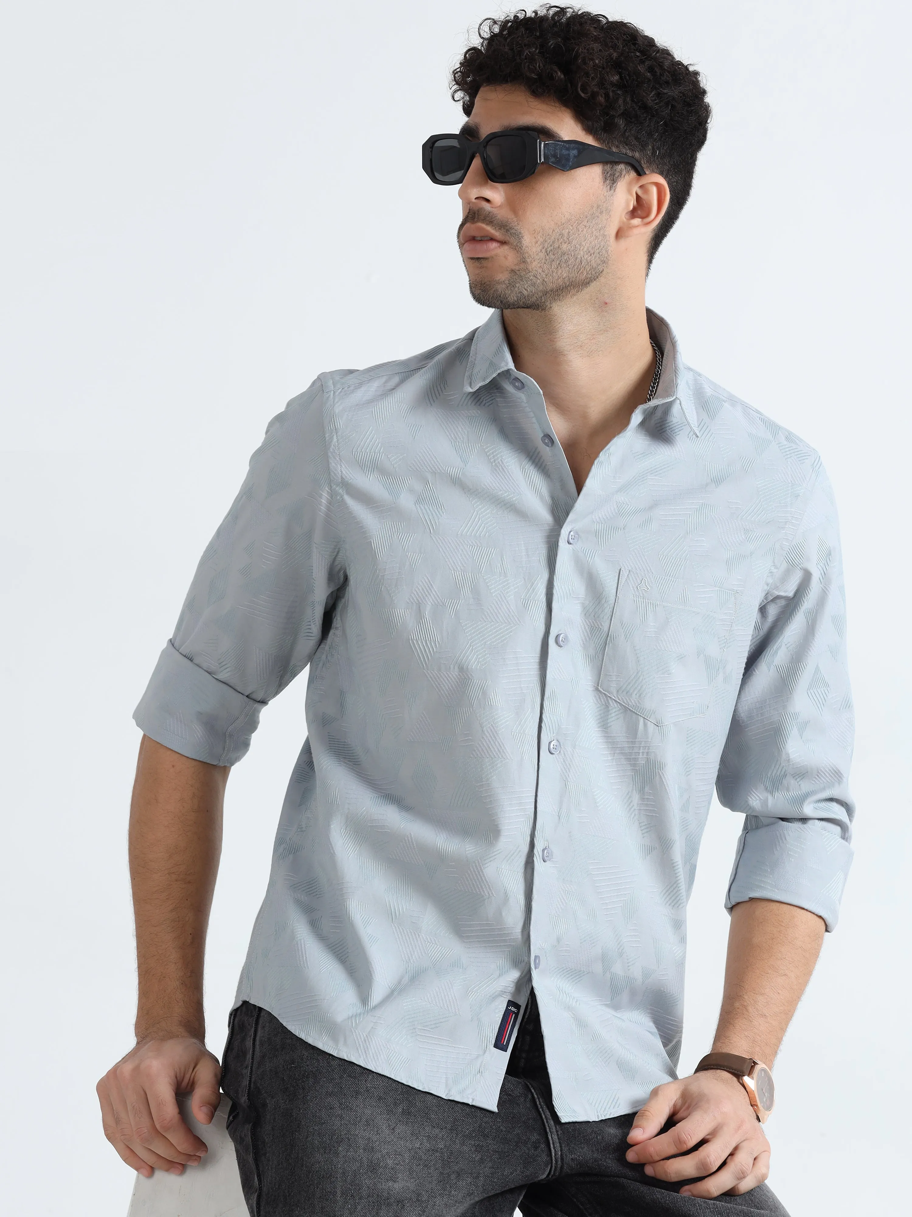 MEN'S GREY JACQUARD  SOLID SLIM FIT SHIRT