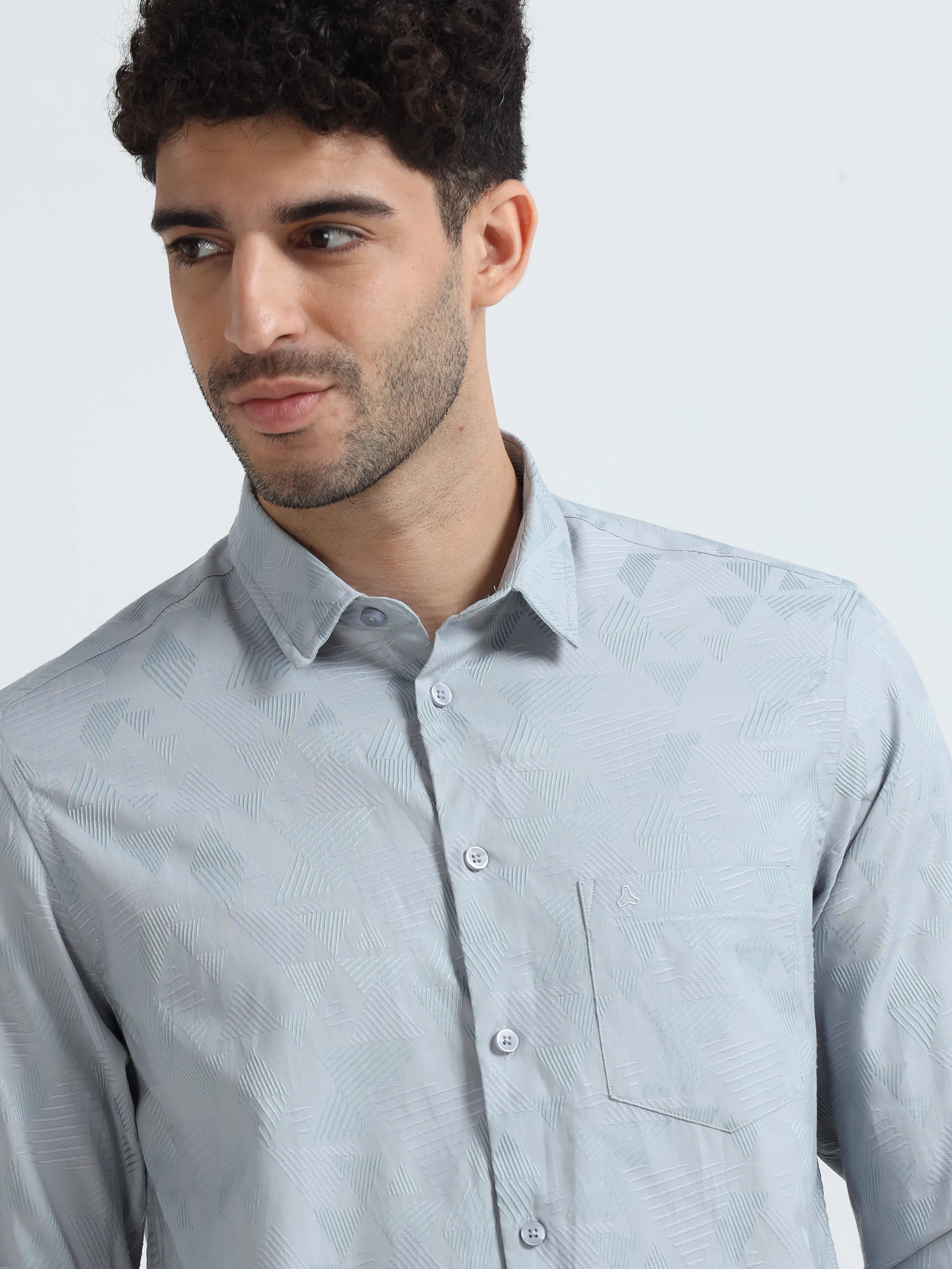 MEN'S GREY JACQUARD  SOLID SLIM FIT SHIRT