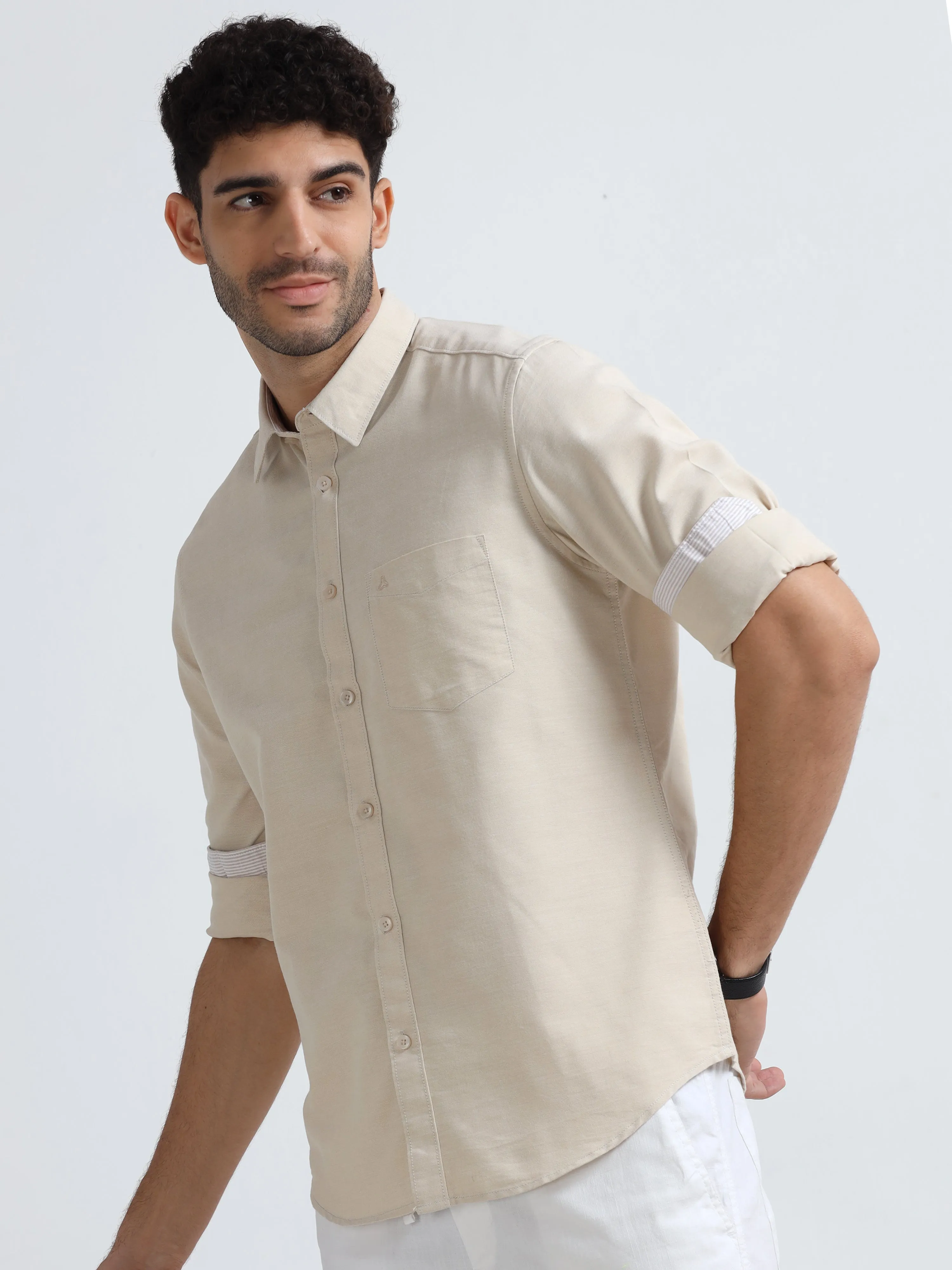 MEN'S LT.BEIGE-OXFORD SOLID SLIM FIT SHIRT