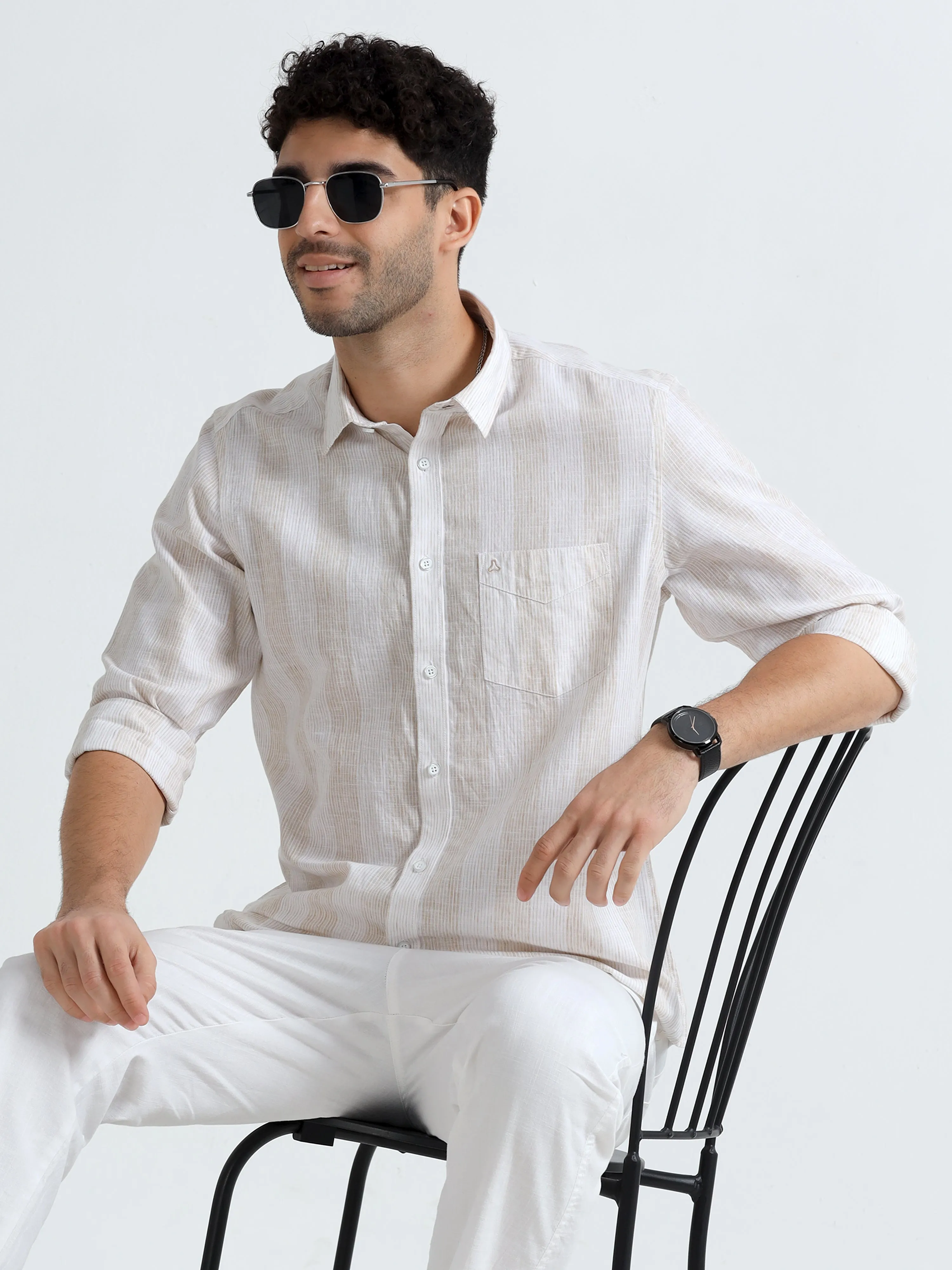 MEN'S LT.BEIGE STRIPES SLIM FIT SHIRT