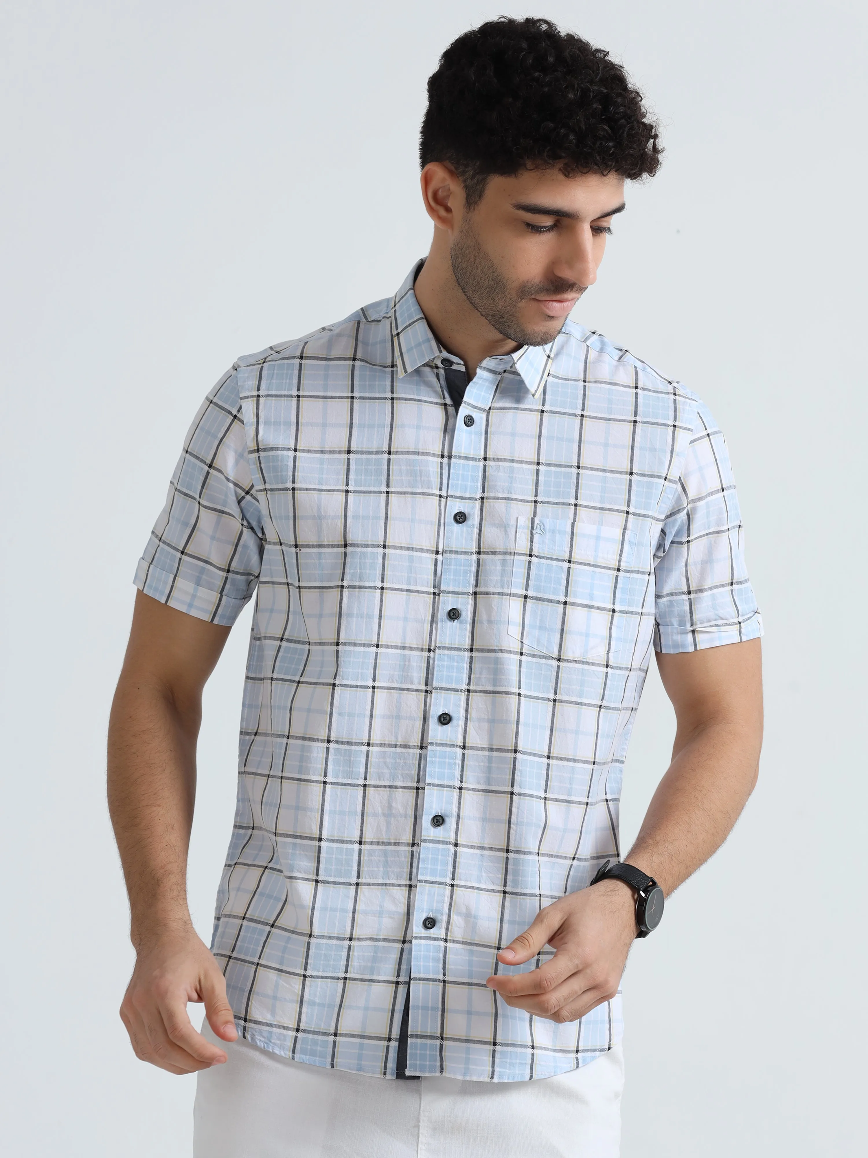 MEN'S LT.BLUE CHECKED SLIM FIT SHIRT