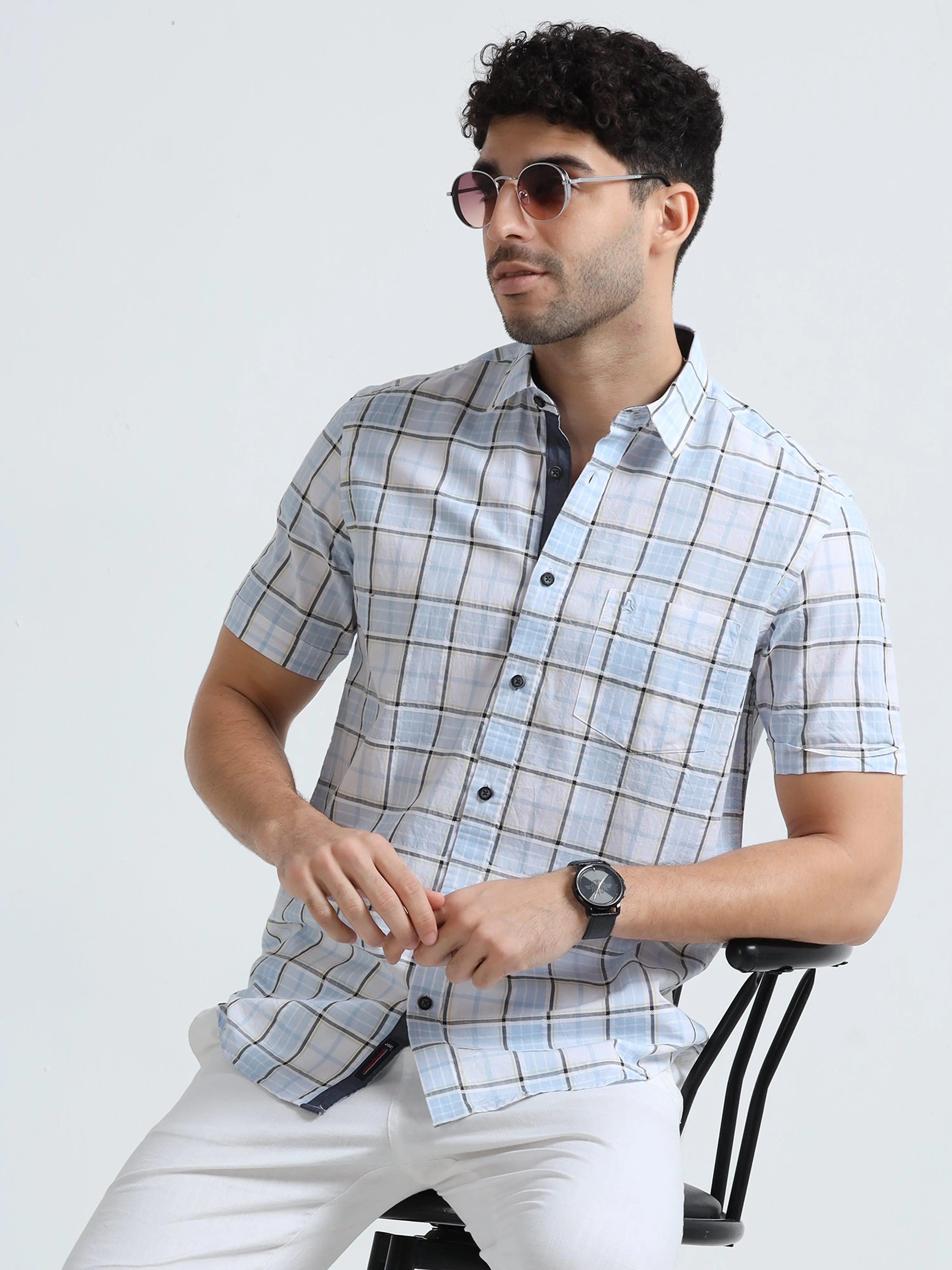 MEN'S LT.BLUE CHECKED SLIM FIT SHIRT