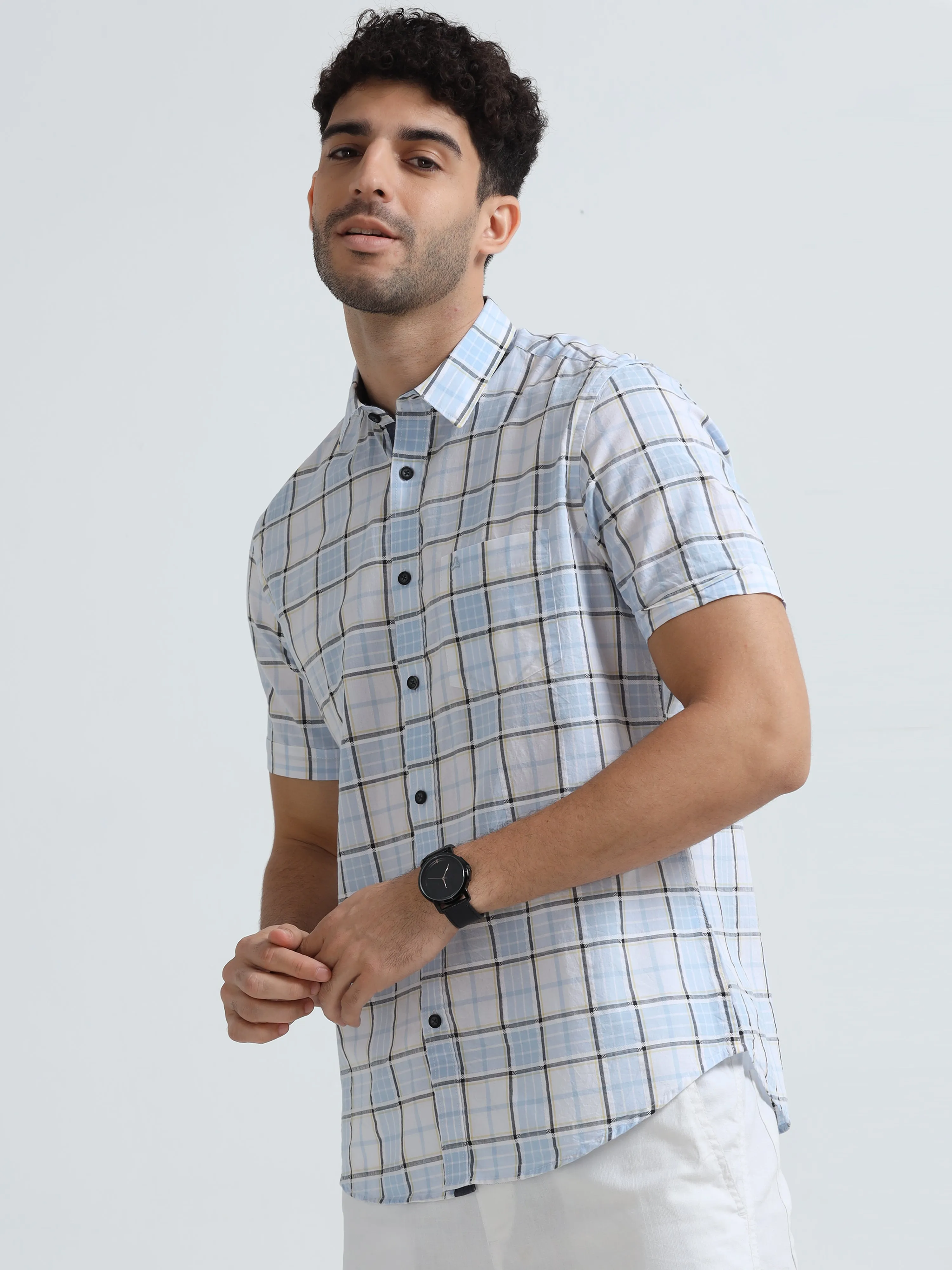 MEN'S LT.BLUE CHECKED SLIM FIT SHIRT