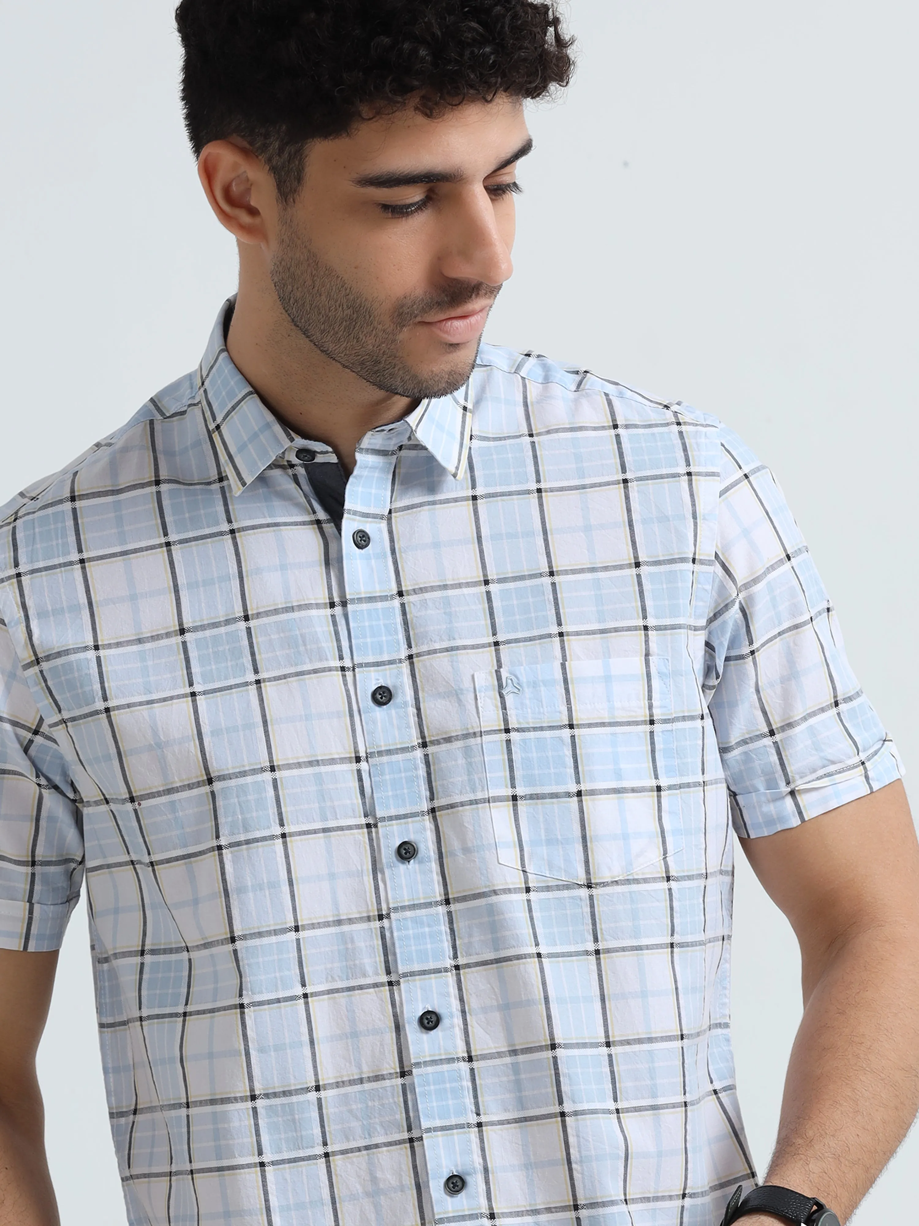 MEN'S LT.BLUE CHECKED SLIM FIT SHIRT