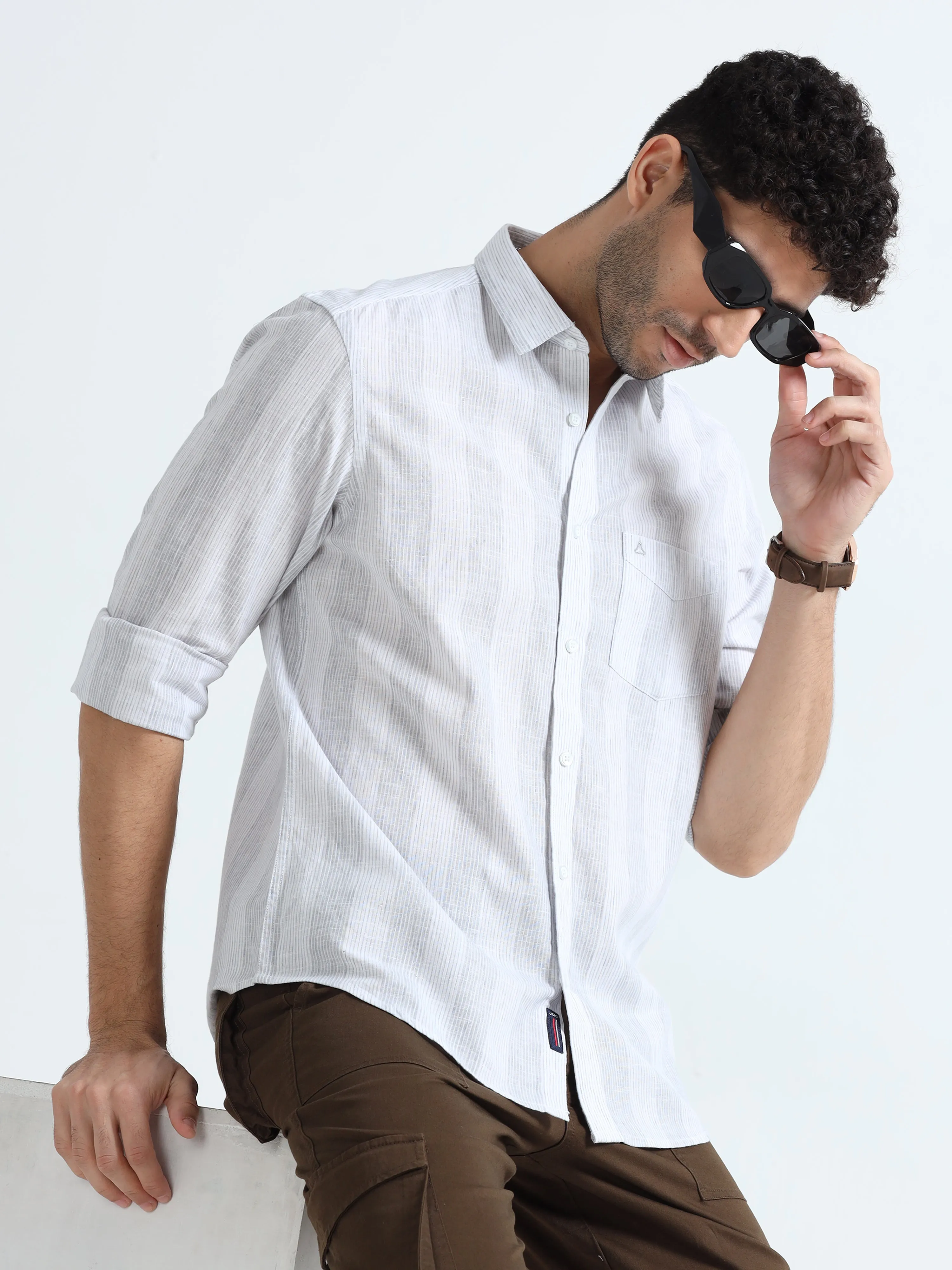 MEN'S LT.GREY STRIPES SLIM FIT SHIRT