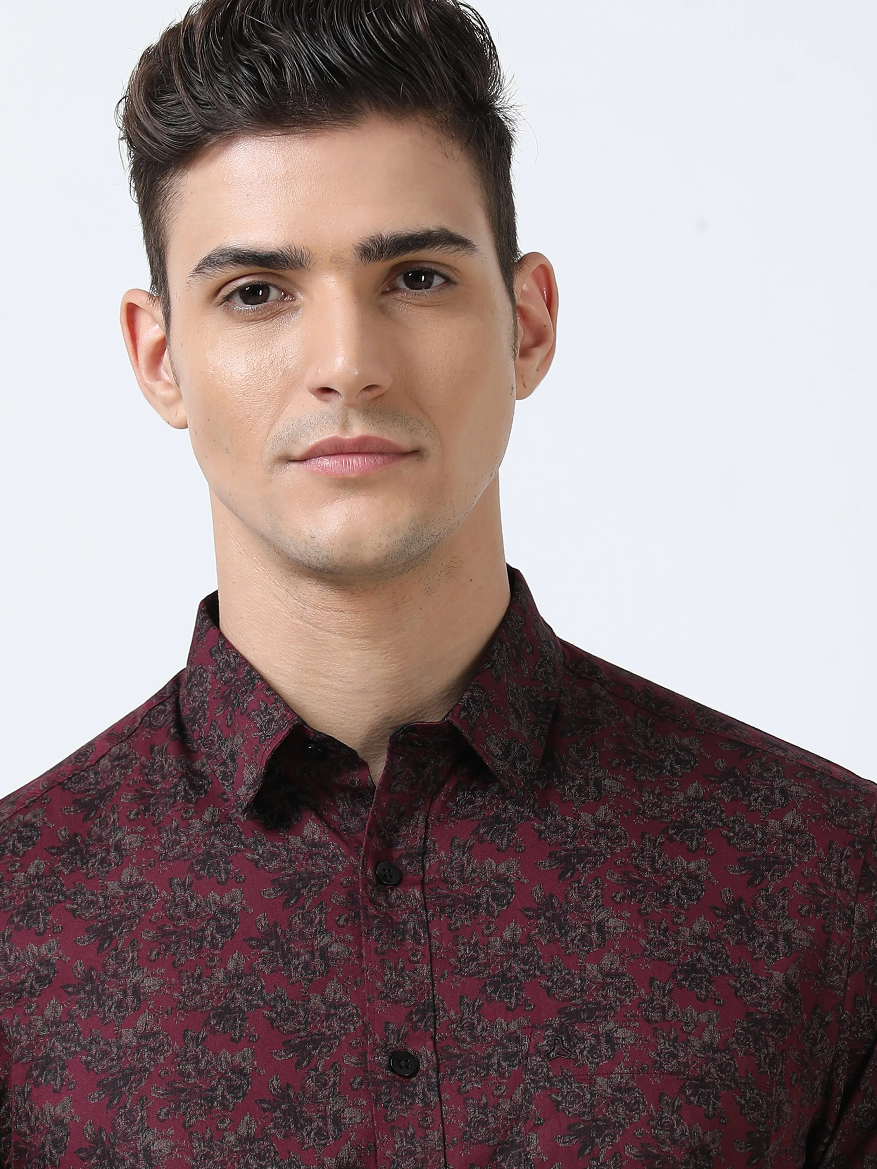 MEN'S MAROON PRINTED SLIM FIT SHIRT