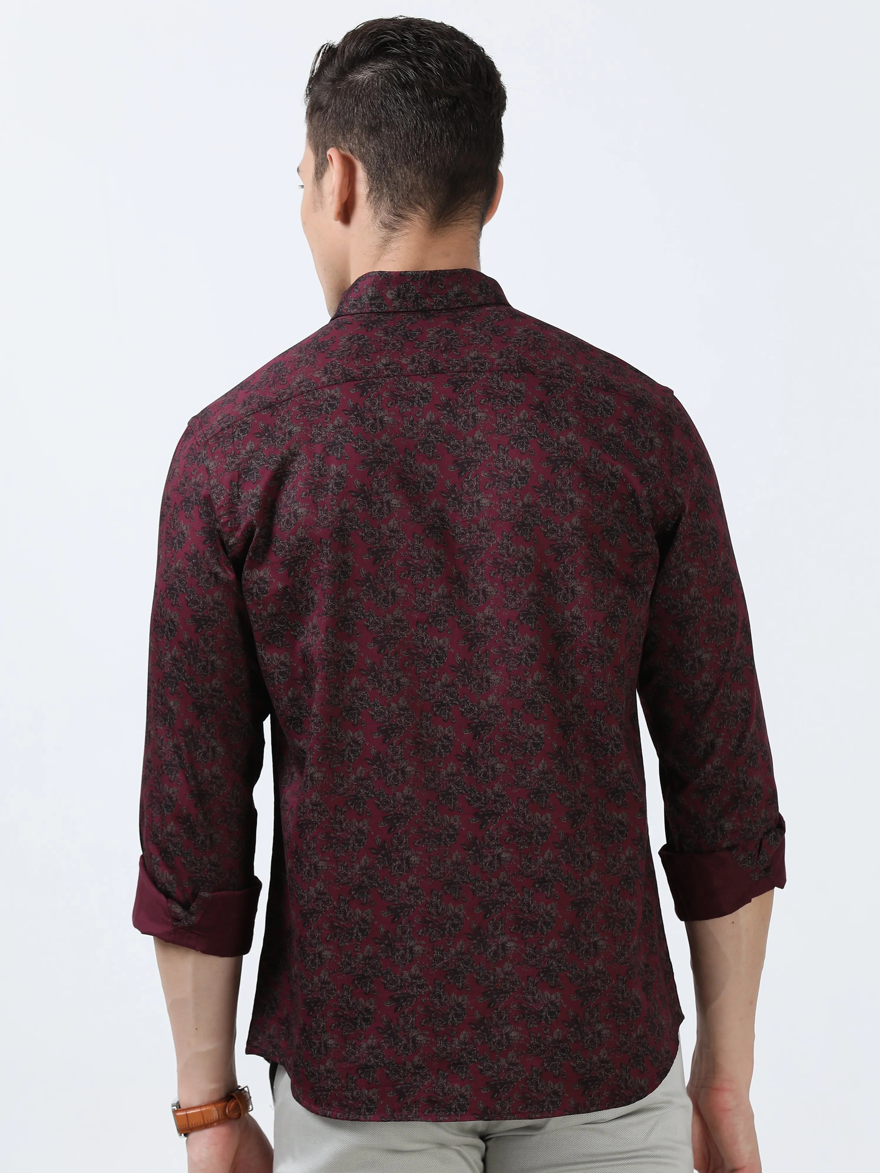 MEN'S MAROON PRINTED SLIM FIT SHIRT