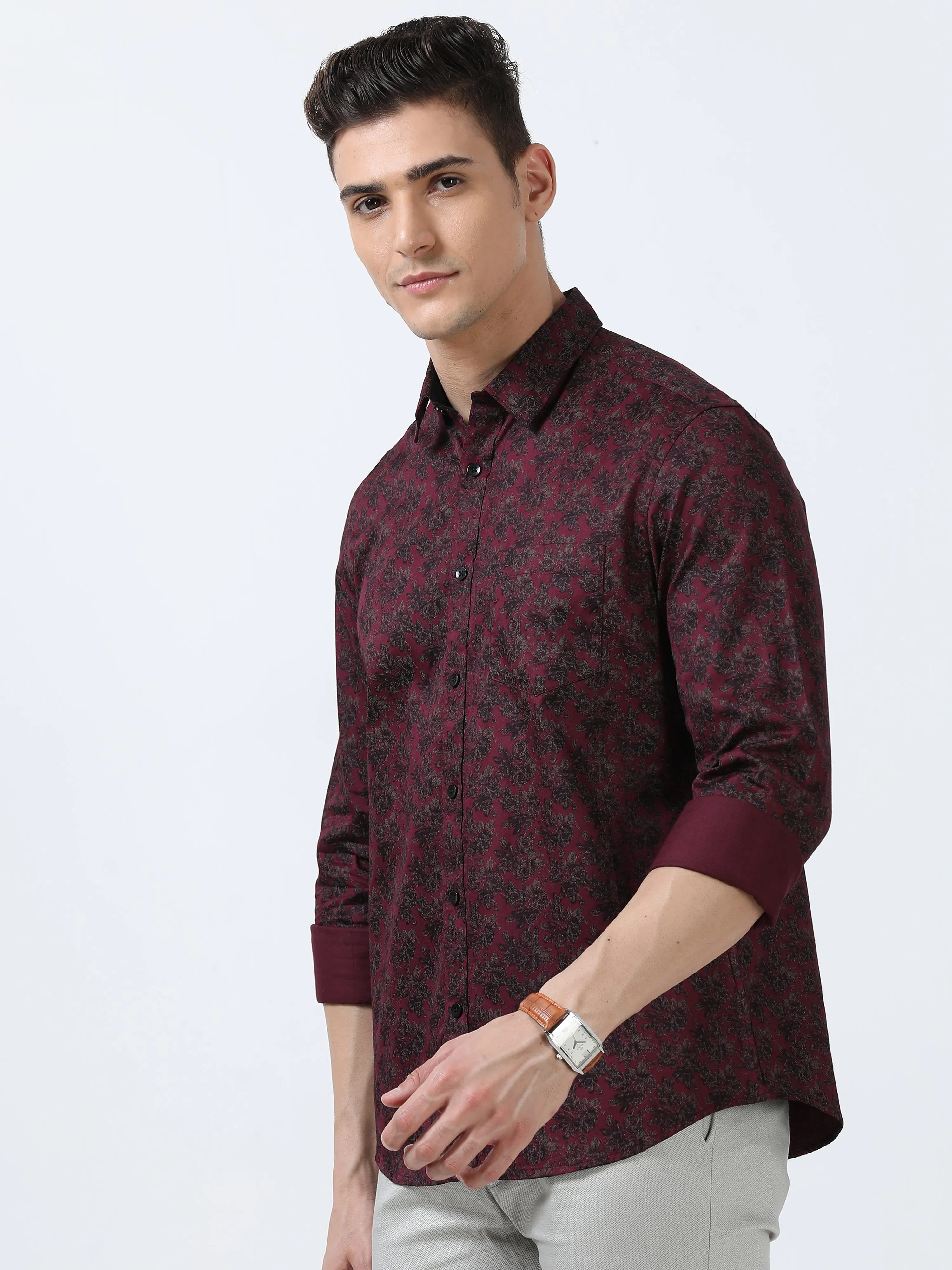 MEN'S MAROON PRINTED SLIM FIT SHIRT