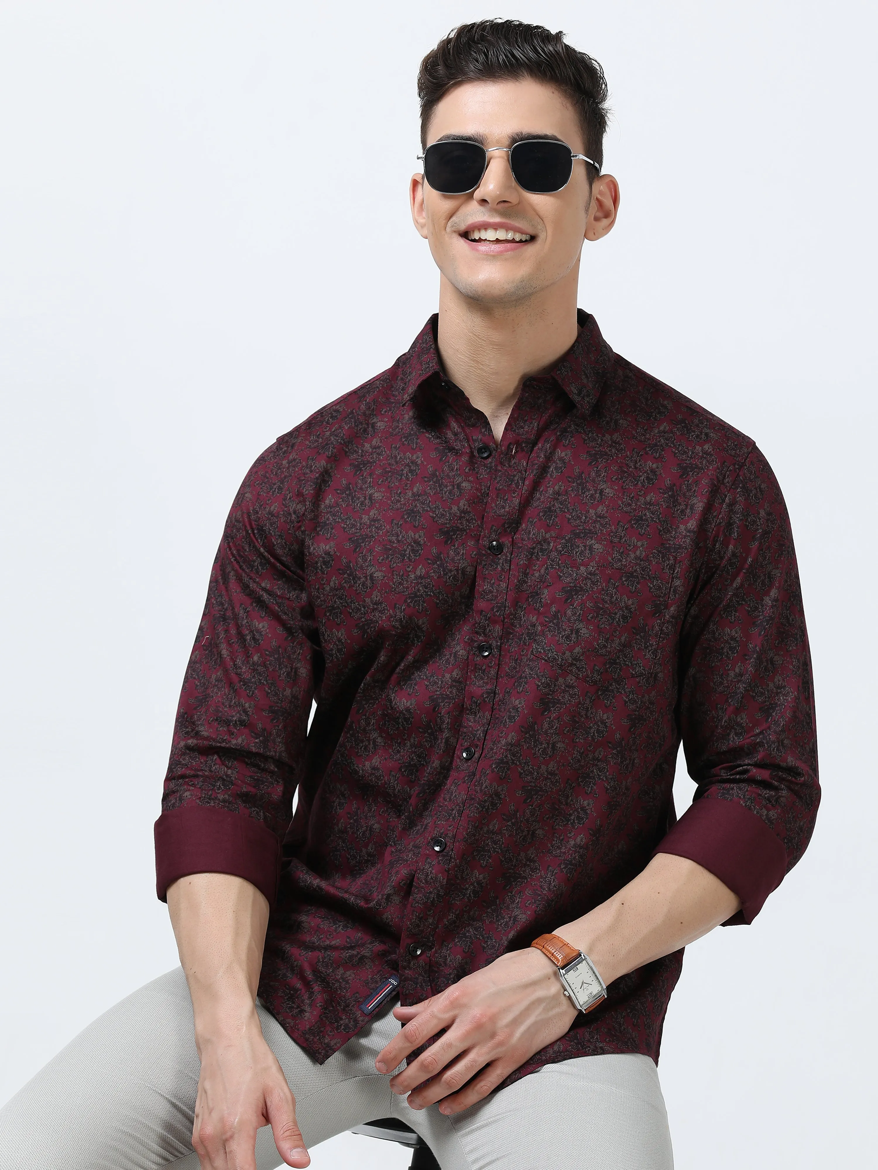 MEN'S MAROON PRINTED SLIM FIT SHIRT