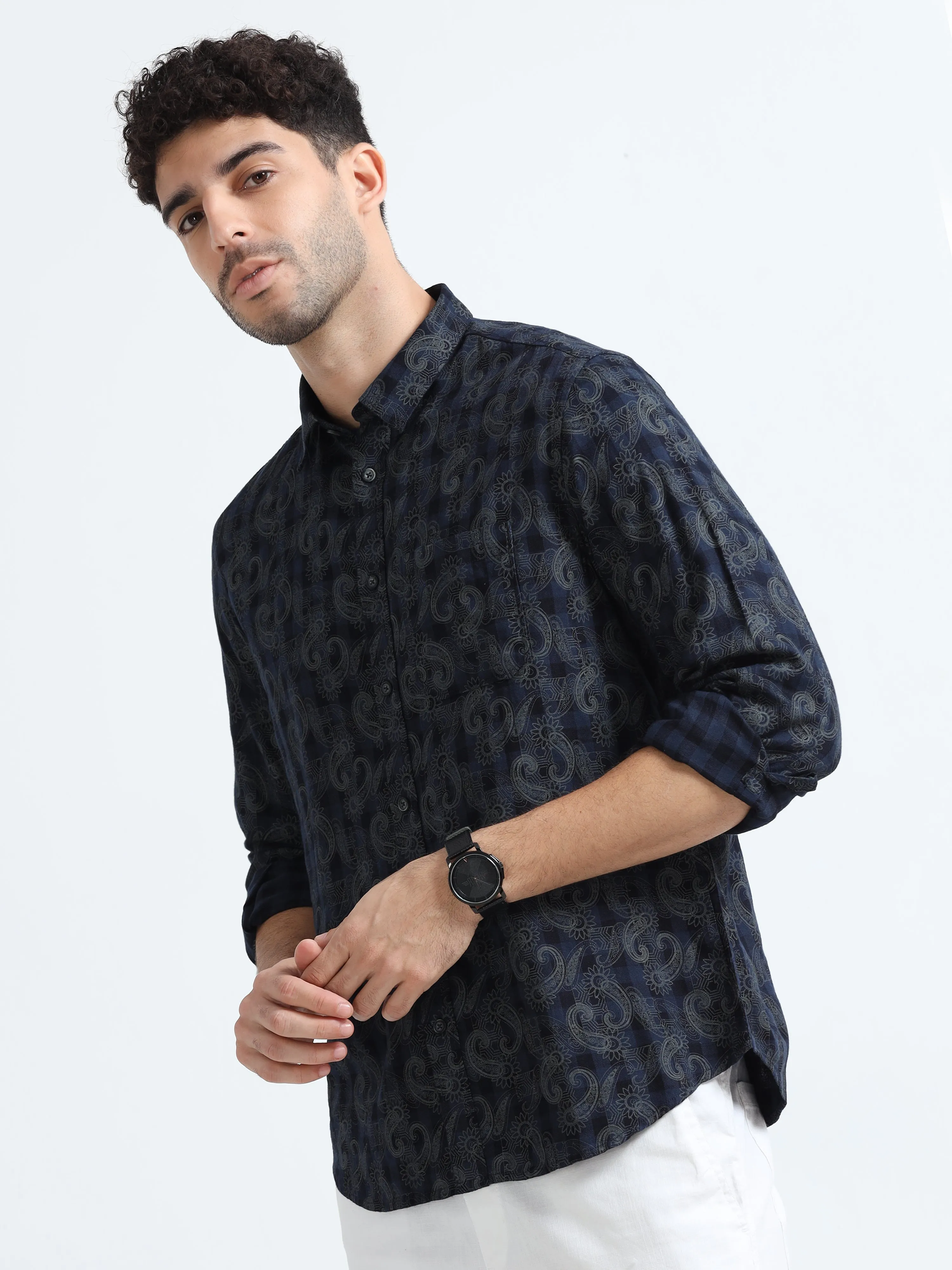 MEN'S NAVY CHECKS WITH PRINT SLIM FIT SHIRT