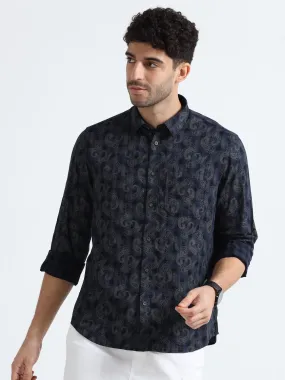 MEN'S NAVY CHECKS WITH PRINT SLIM FIT SHIRT