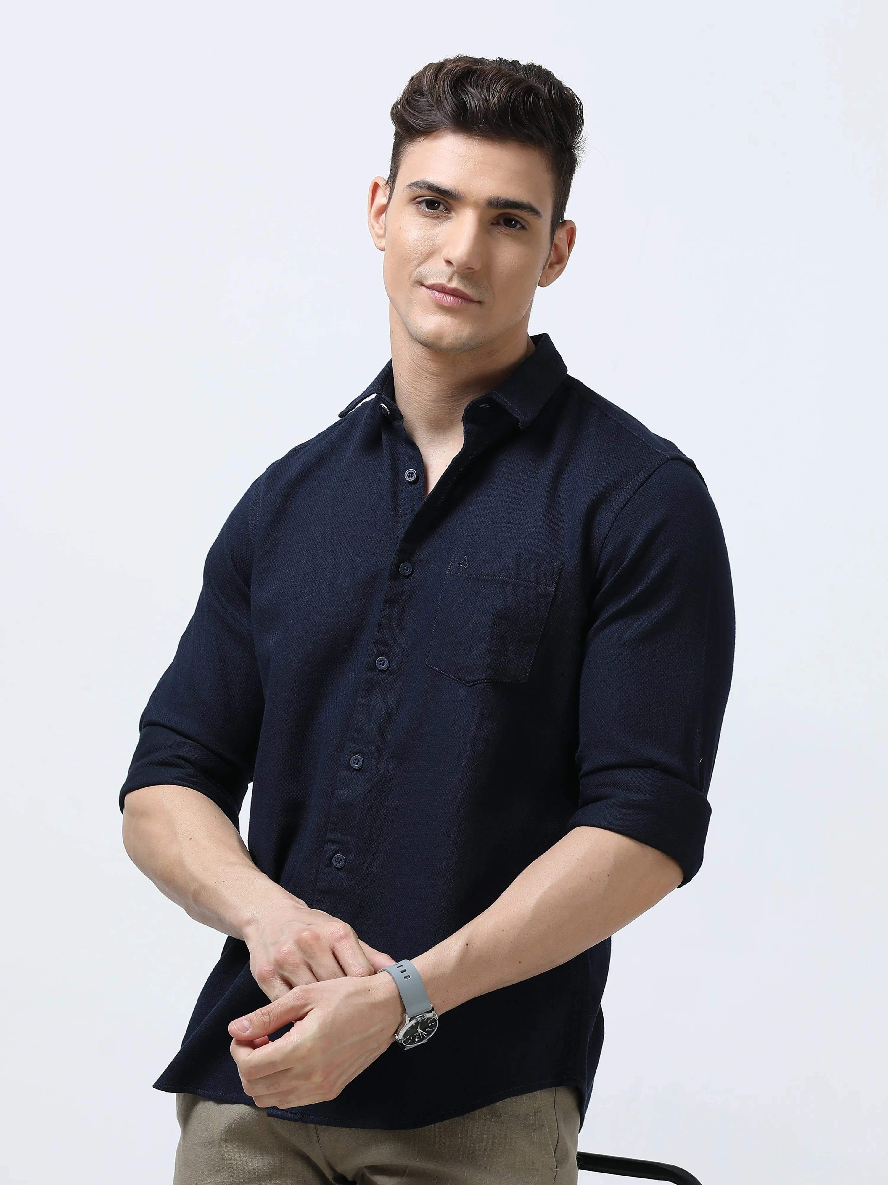 MEN'S NAVY-SOLID SLIM FIT SHIRT