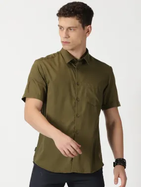 MEN'S OLIVE PLAIN SLIM FIT SHIRT