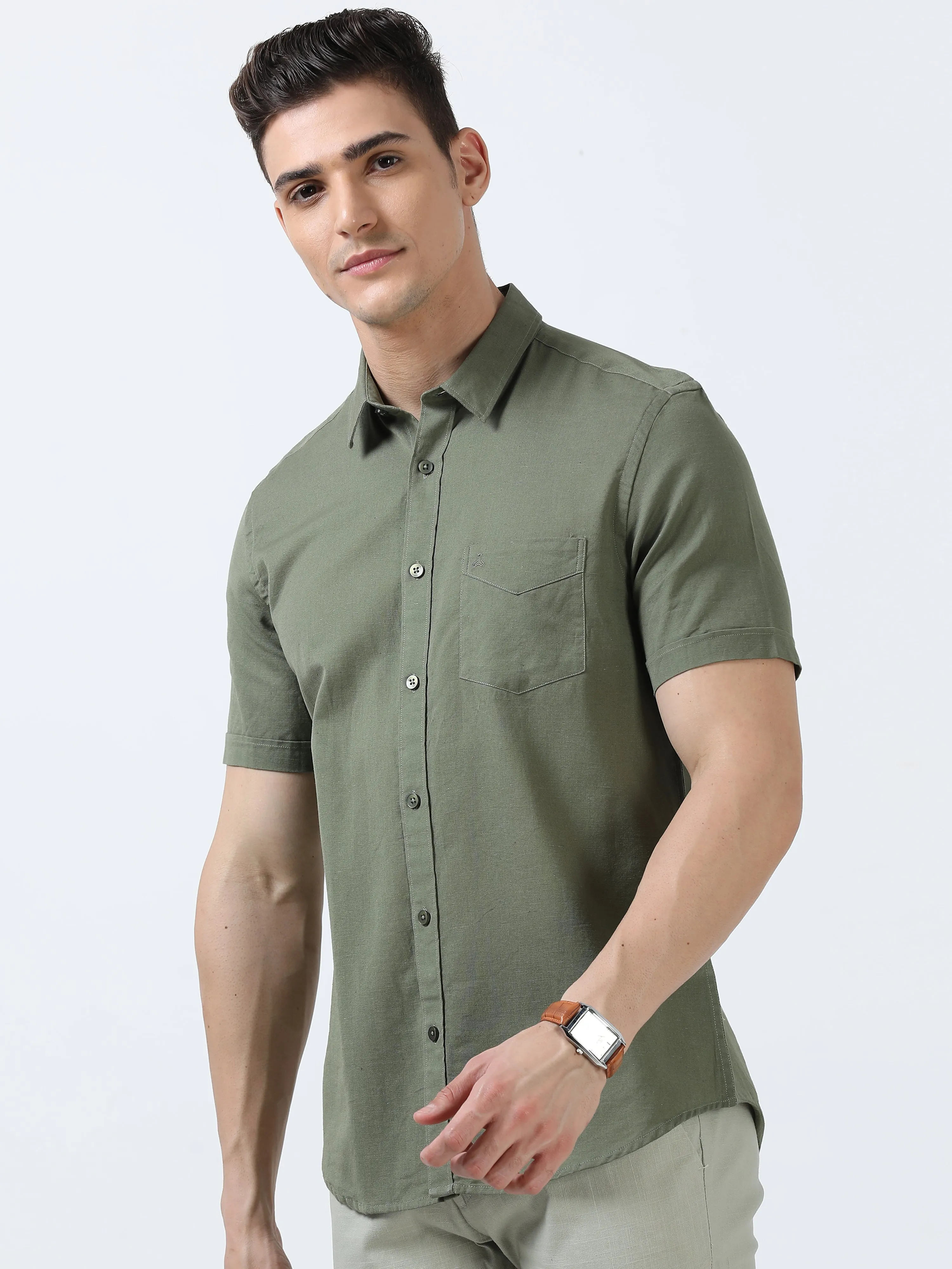 MEN'S OLIVE-SOLID SLIM FIT SHIRT