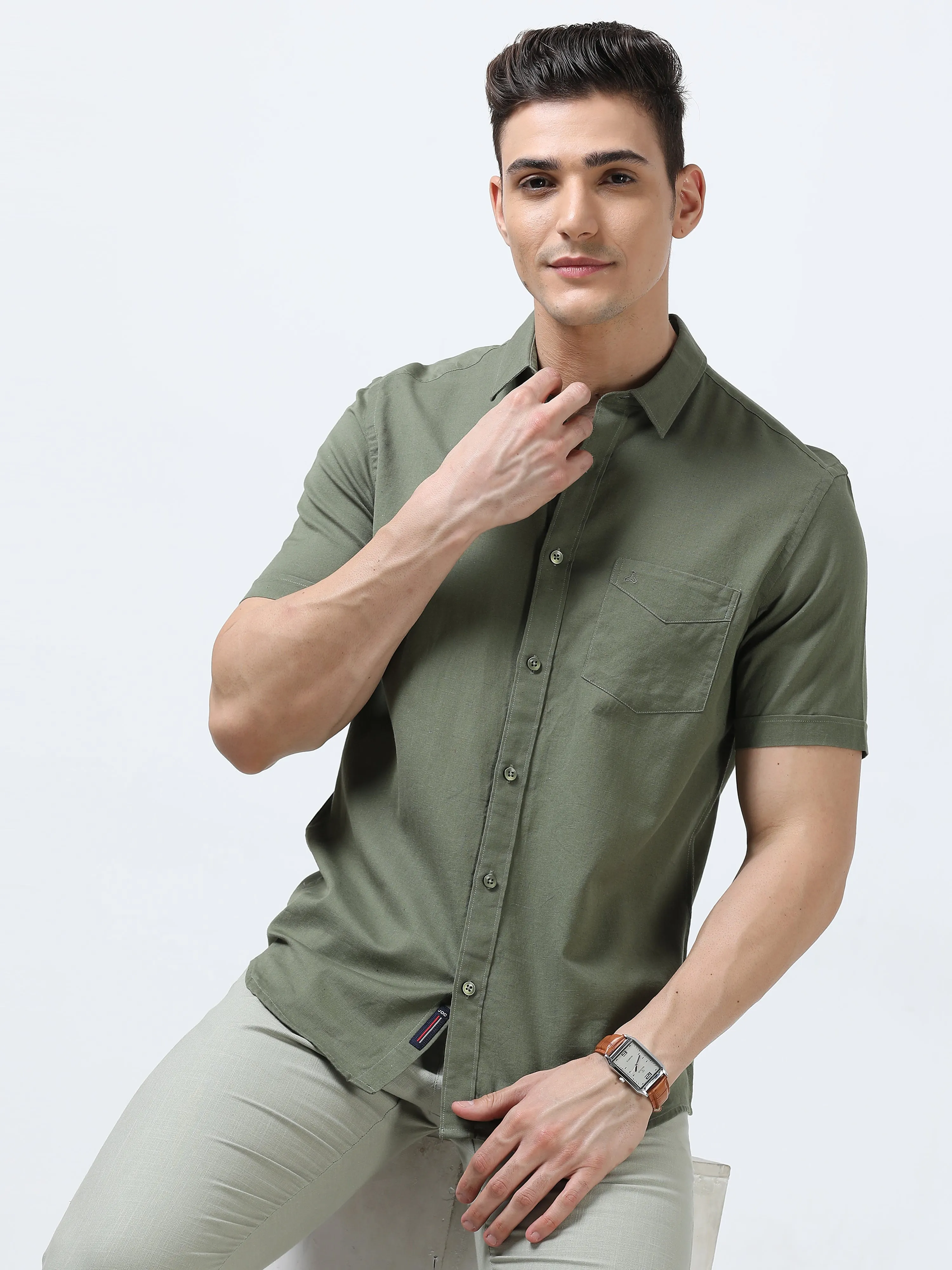 MEN'S OLIVE-SOLID SLIM FIT SHIRT