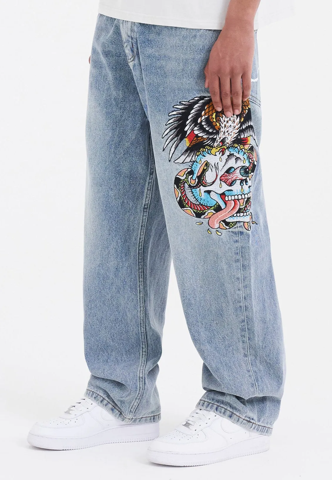 Mens Skull-Snake-Eagle Tattoo Graphic Denim Trousers Baggy Jeans - Bleach