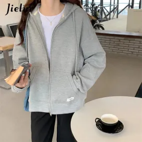 Metaversmall Autumn Chic Zip-up Hoodies Female Casual Street Loose Thin Blue Gray Apricot Sweatshirt Pocket Hooded Women Cardigans