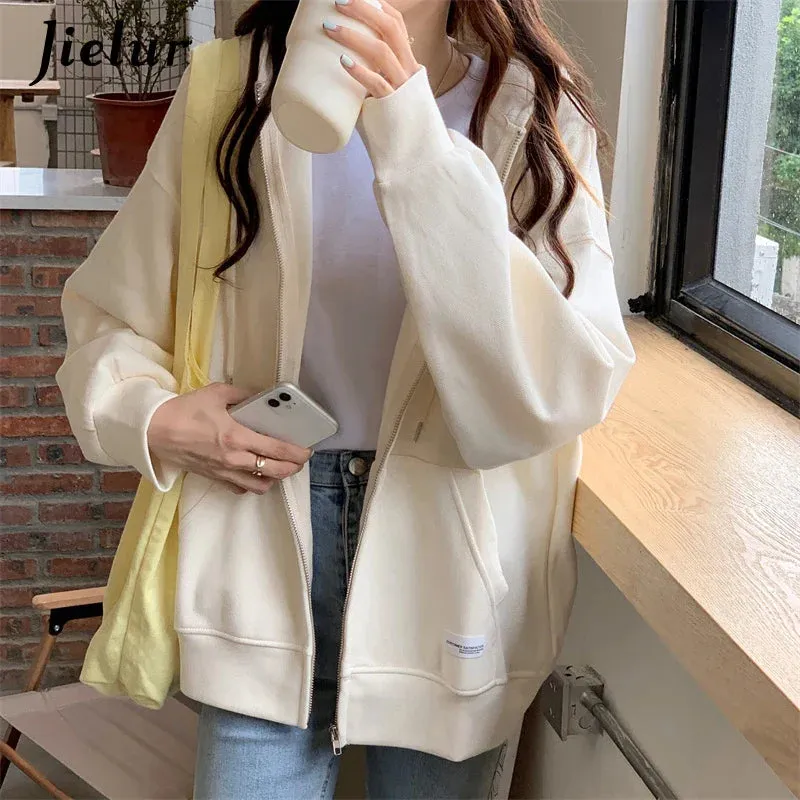 Metaversmall Autumn Chic Zip-up Hoodies Female Casual Street Loose Thin Blue Gray Apricot Sweatshirt Pocket Hooded Women Cardigans