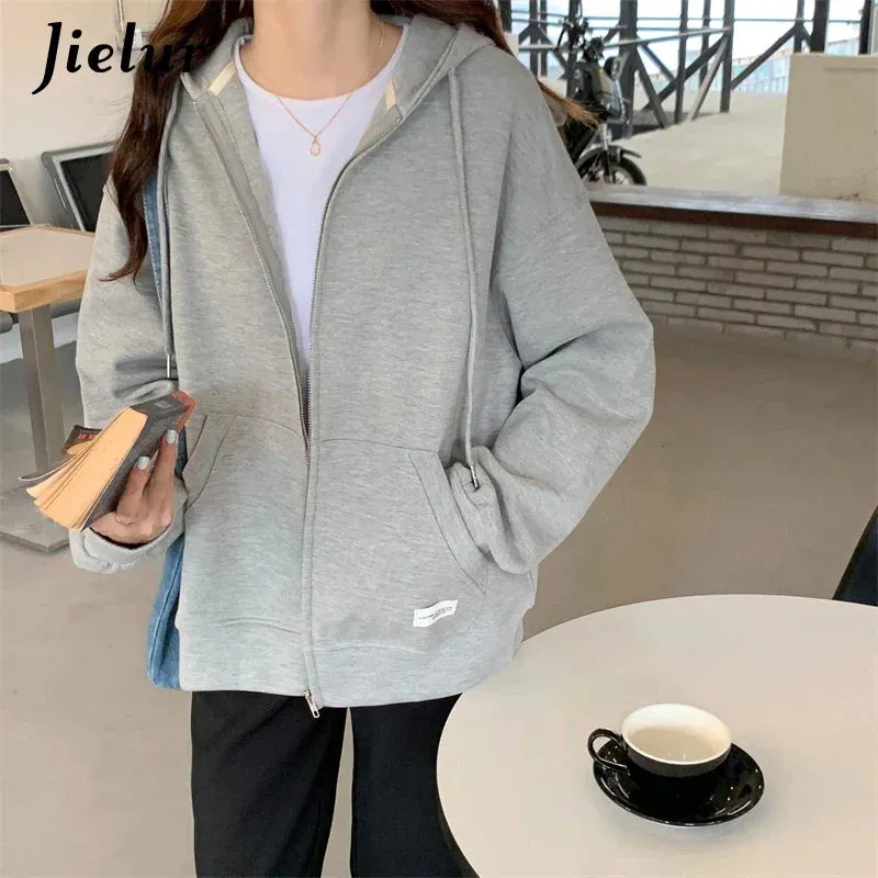 Metaversmall Autumn Chic Zip-up Hoodies Female Casual Street Loose Thin Blue Gray Apricot Sweatshirt Pocket Hooded Women Cardigans