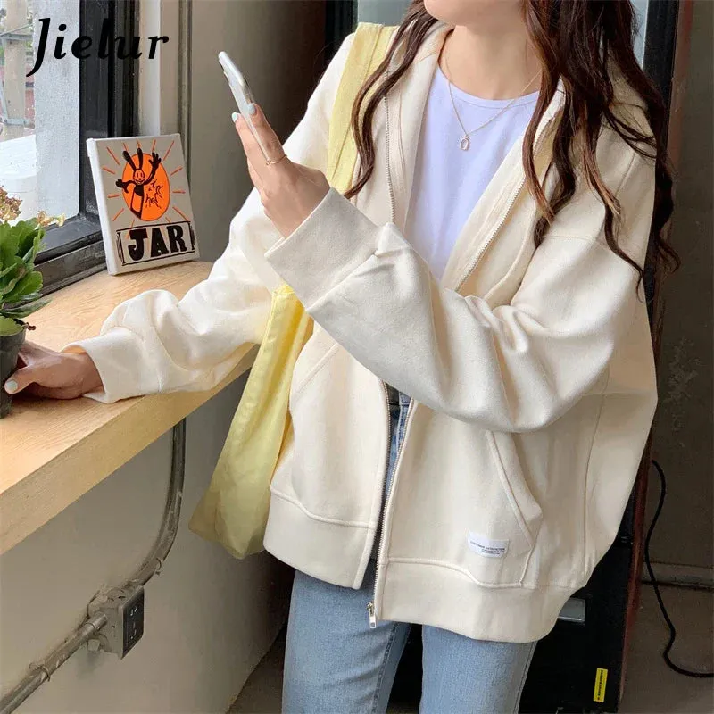 Metaversmall Autumn Chic Zip-up Hoodies Female Casual Street Loose Thin Blue Gray Apricot Sweatshirt Pocket Hooded Women Cardigans