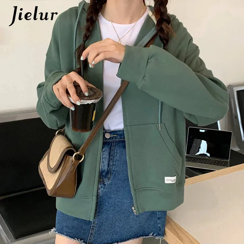 Metaversmall Autumn Chic Zip-up Hoodies Female Casual Street Loose Thin Blue Gray Apricot Sweatshirt Pocket Hooded Women Cardigans