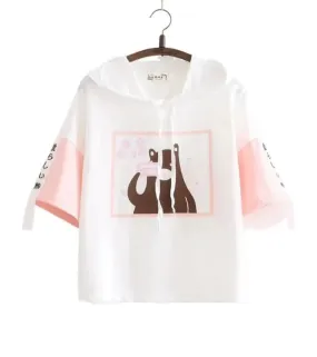 Metaversmall Summer Hooded T Shirts cartoon print short Sleeve cotyon Tee Shirt Femme Pink White Women Basic T-Shirt Casual Female Tops