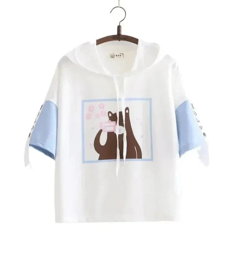 Metaversmall Summer Hooded T Shirts cartoon print short Sleeve cotyon Tee Shirt Femme Pink White Women Basic T-Shirt Casual Female Tops