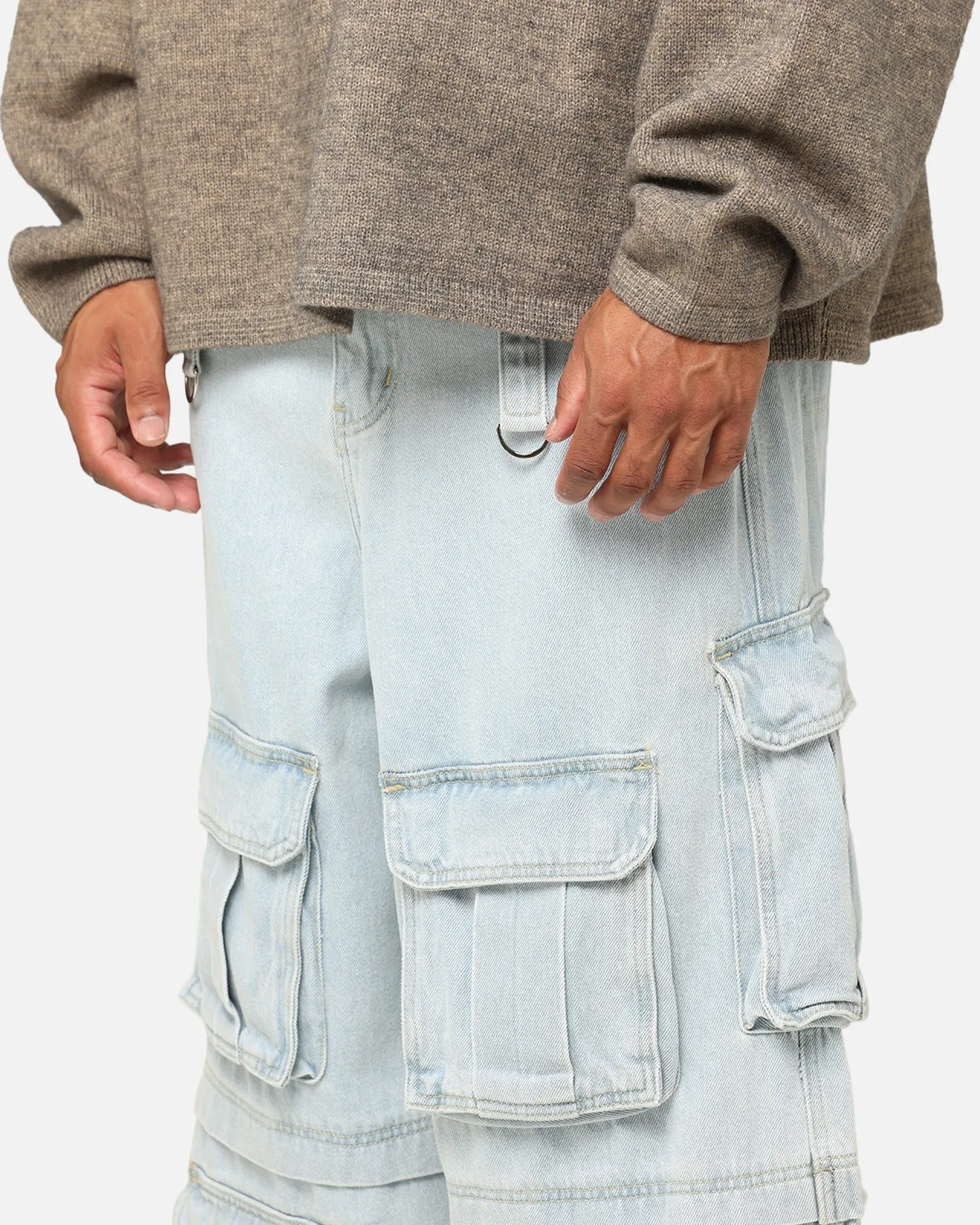 MNML Rave Multi Cargo Denim Pants Light Blue