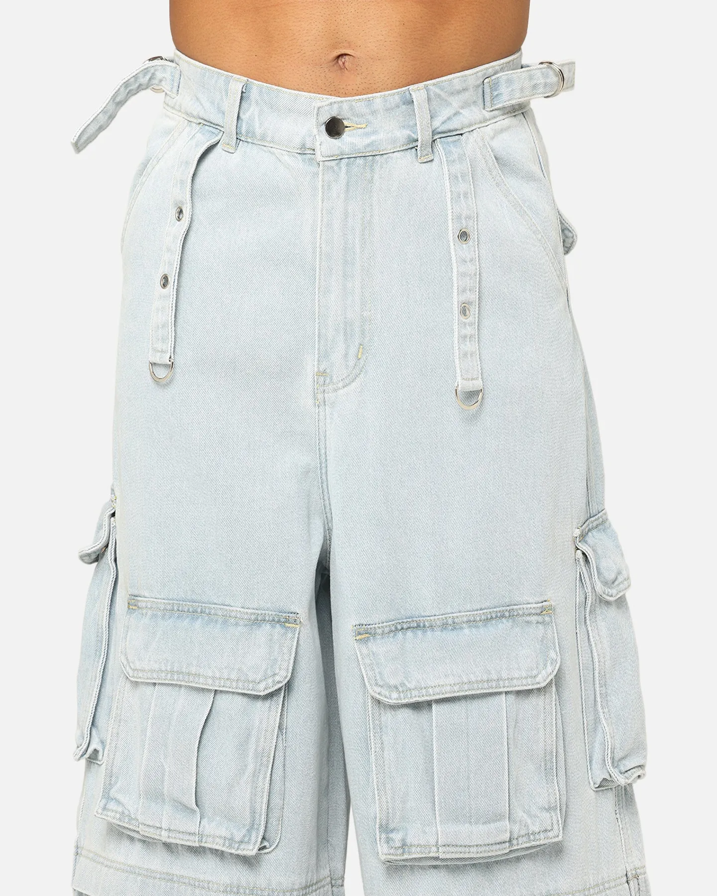 MNML Rave Multi Cargo Denim Pants Light Blue