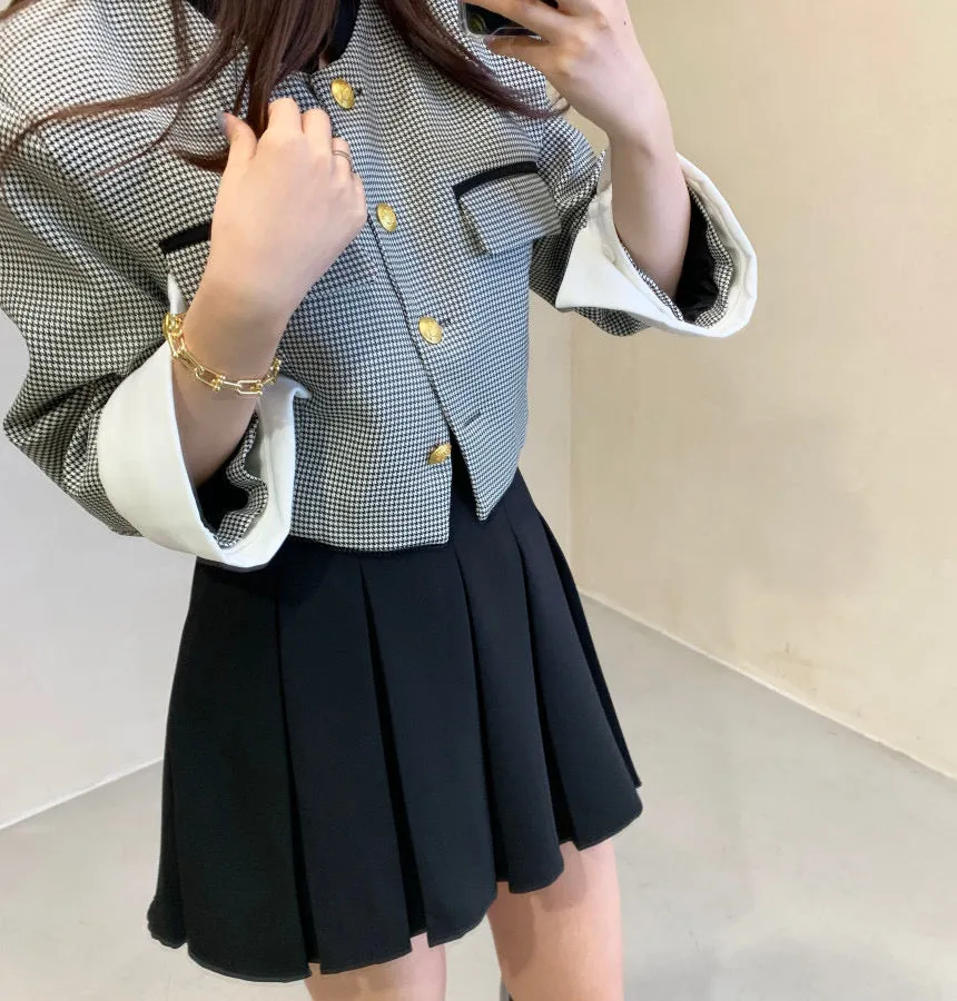 Mock Neck Cropped Jacket with Gold Buttons