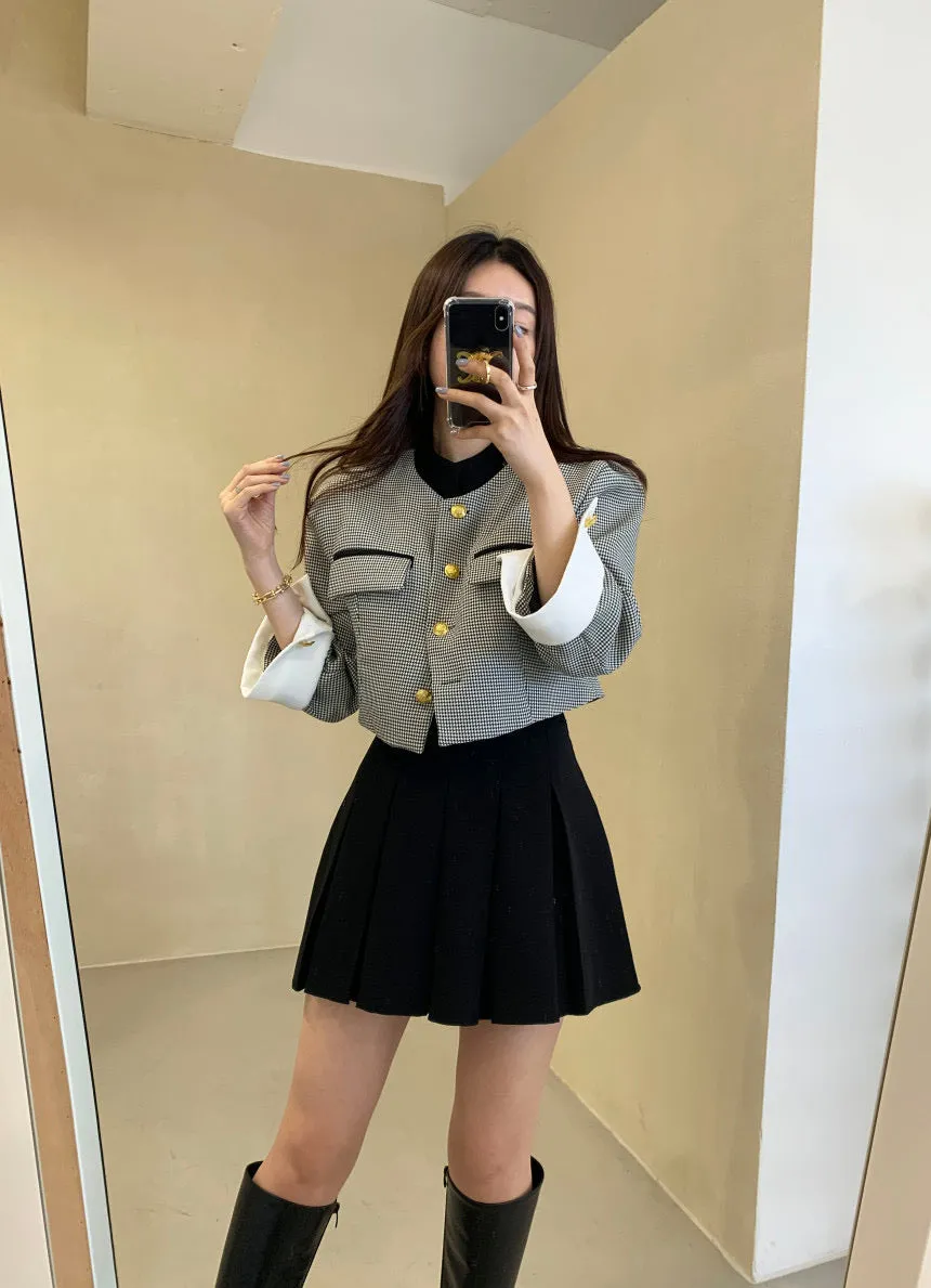 Mock Neck Cropped Jacket with Gold Buttons