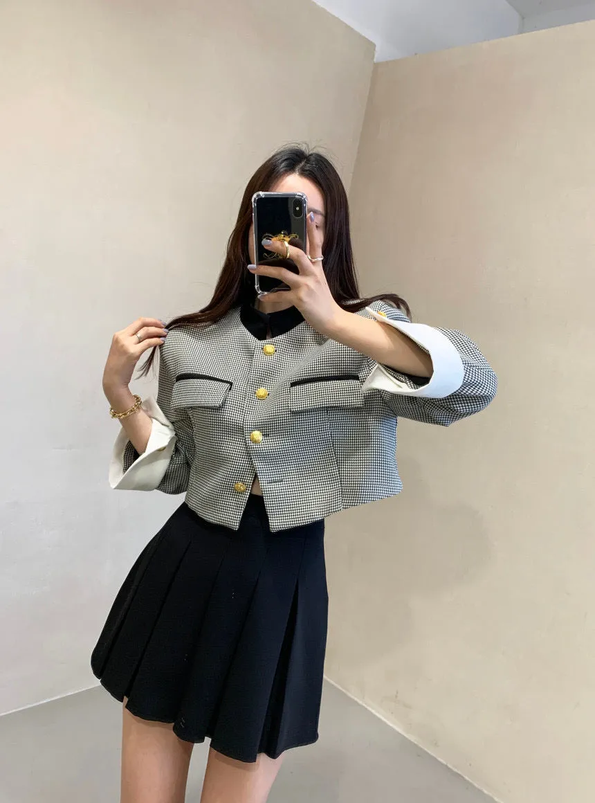 Mock Neck Cropped Jacket with Gold Buttons