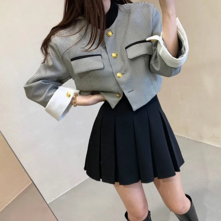 Mock Neck Cropped Jacket with Gold Buttons