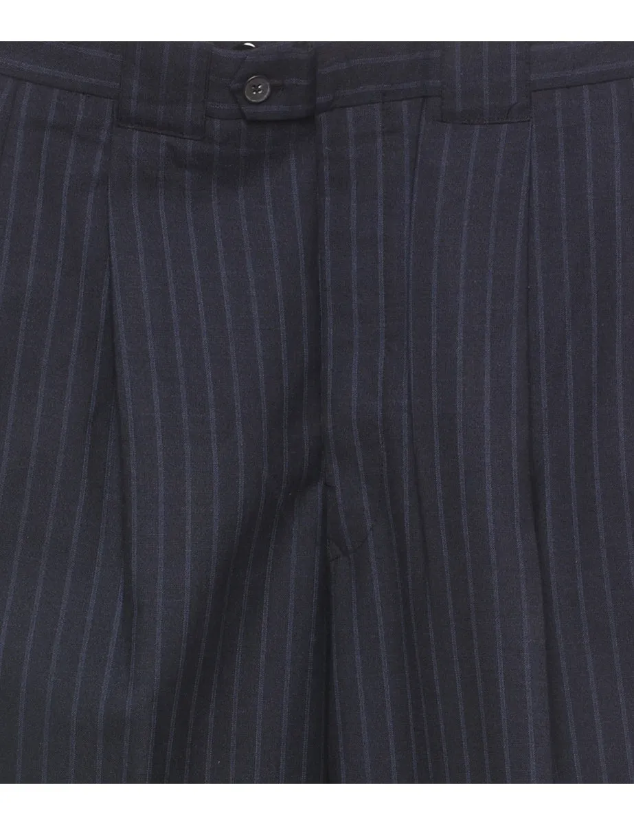 Navy & White Pinstriped Pleated Trousers - W35 L30