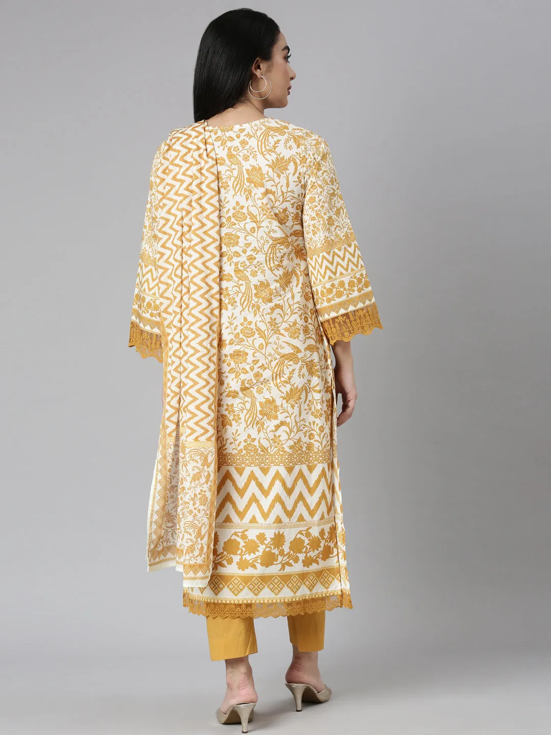 Neerus Mustard Regular Straight Printed Kurta and Trousers With Dupatta