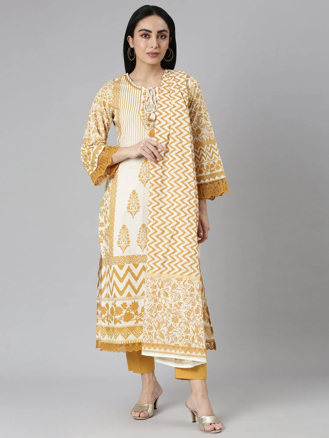 Neerus Mustard Regular Straight Printed Kurta and Trousers With Dupatta