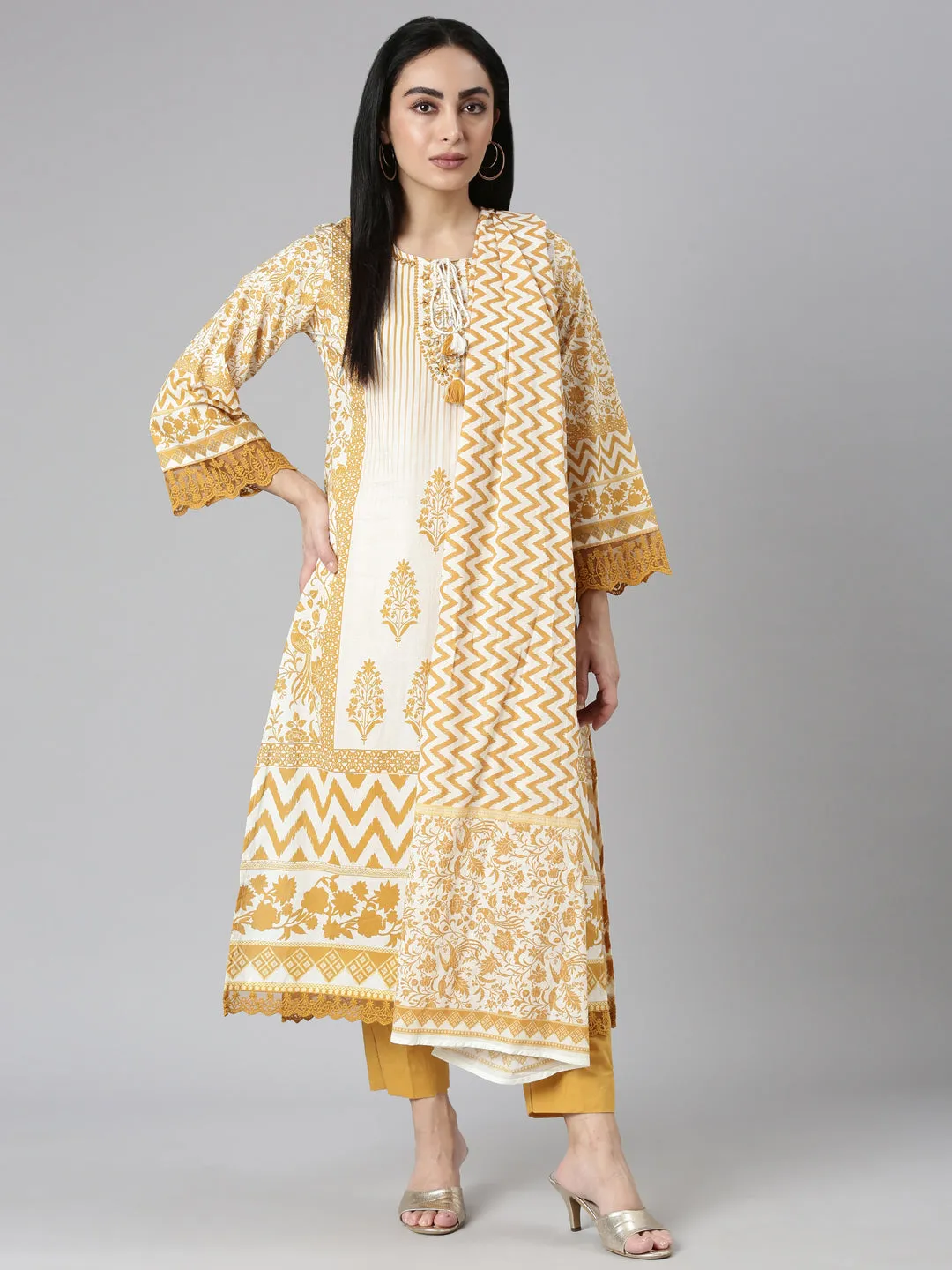 Neerus Mustard Regular Straight Printed Kurta and Trousers With Dupatta